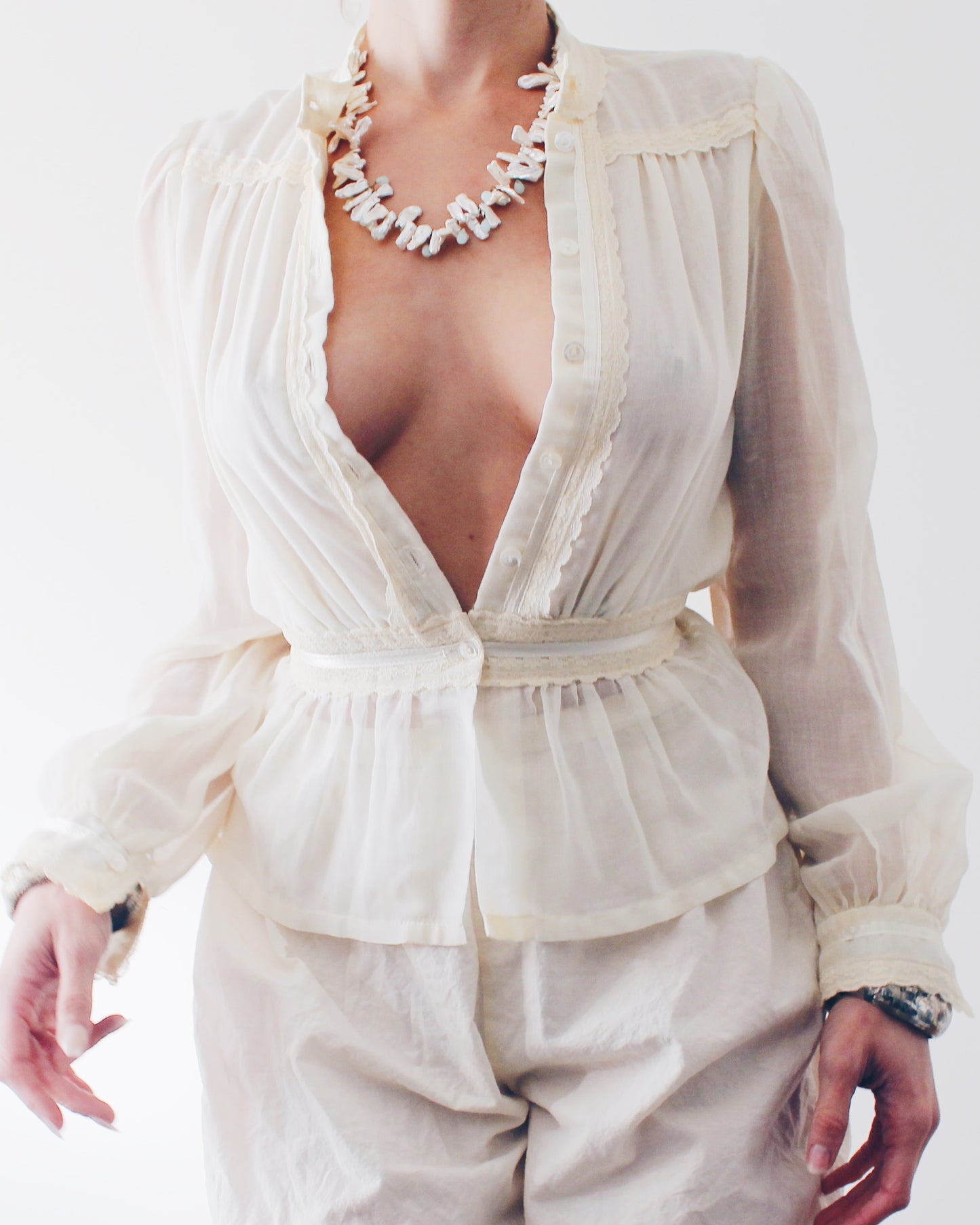 Vintage Gunne Sax Peplum Blouse – Cream Lace Boho Top 100% Cotton Prairie Cottagecore