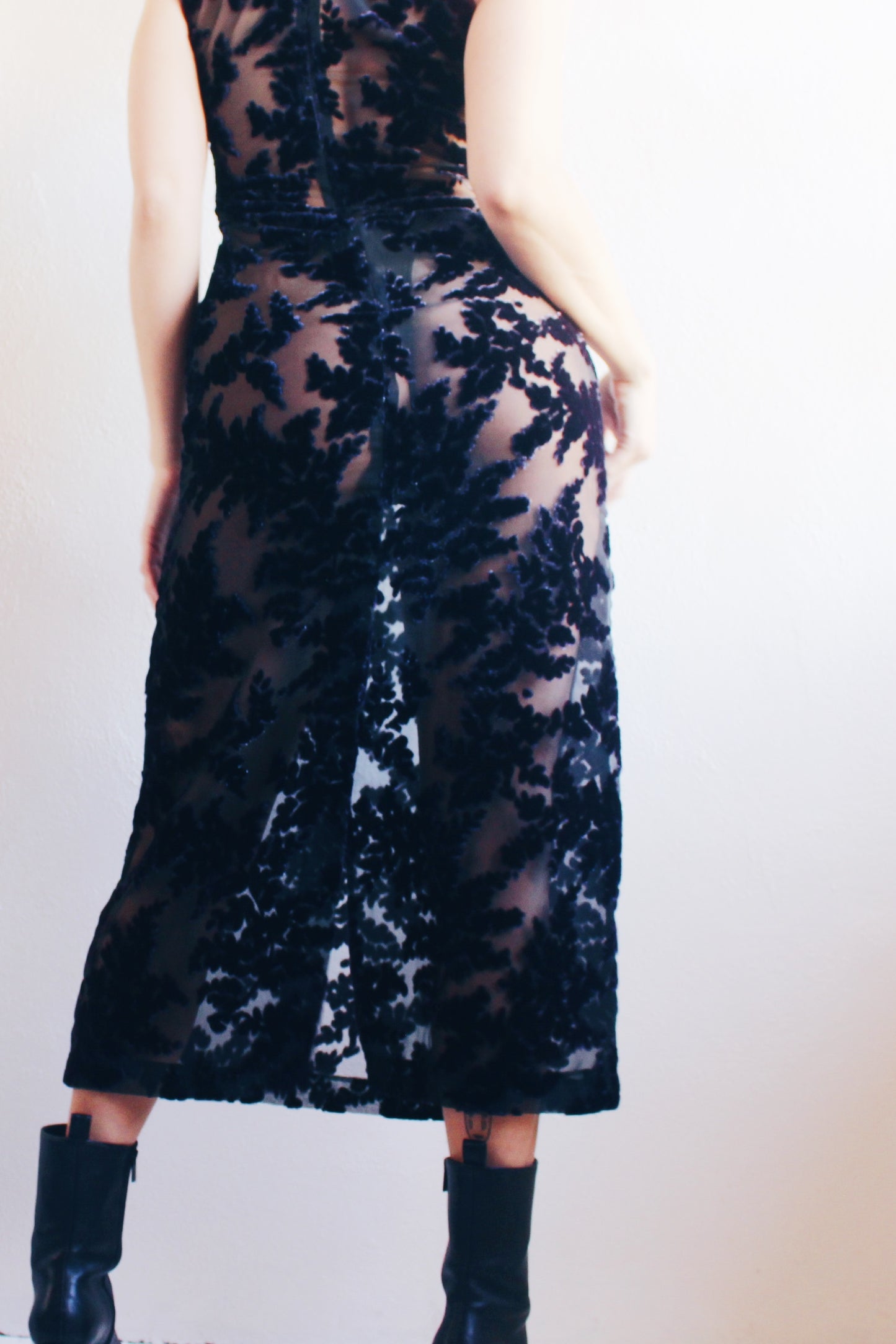 Gothic Elegance: Upcycled Sheer Long Dress with Dark Navy Velvet Florals for Burnout Bliss