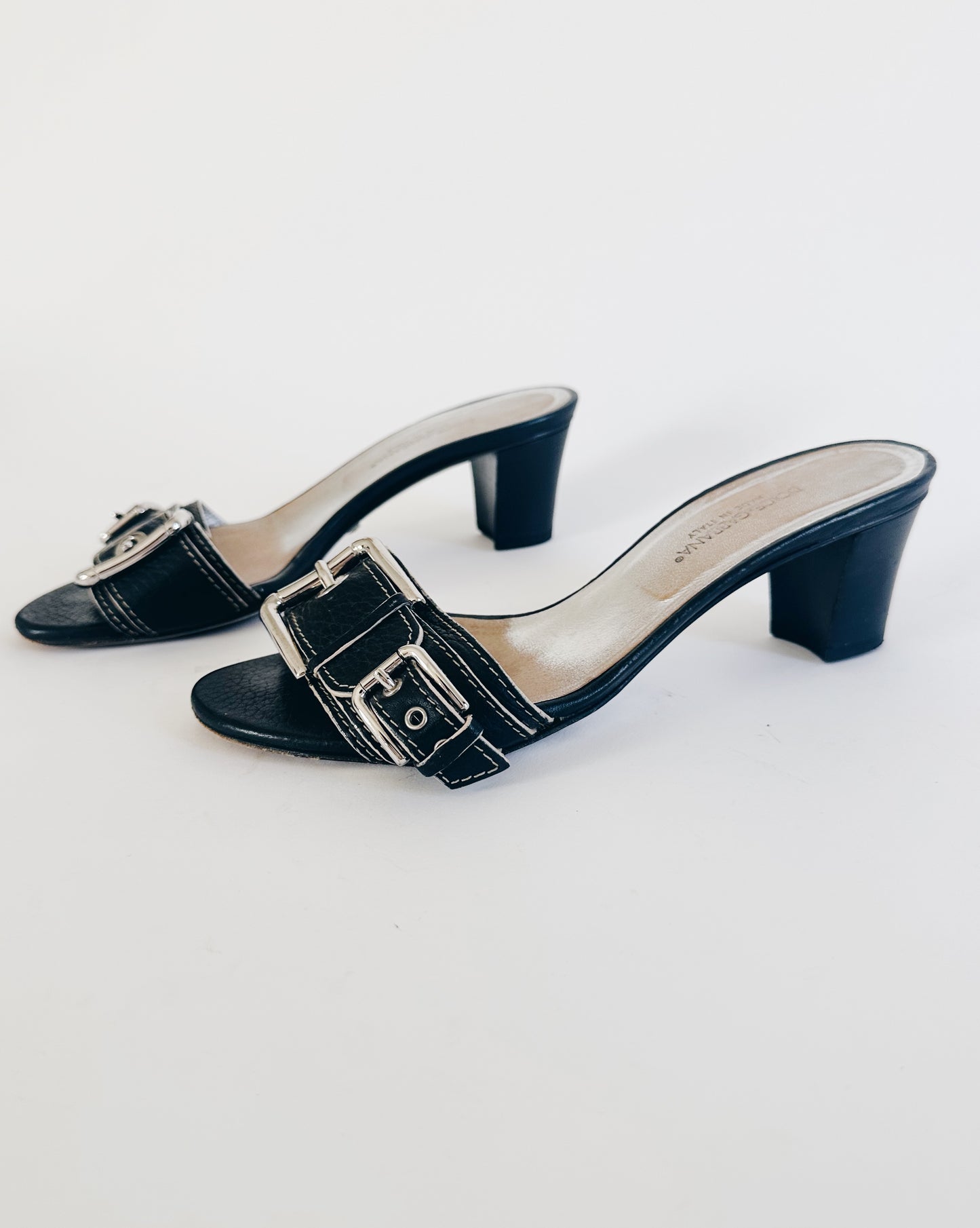 Vintage Dolce & Gabbana Kitten Heel Sandals – Black Leather Buckle Strap Y2K Designer Slip On Heels