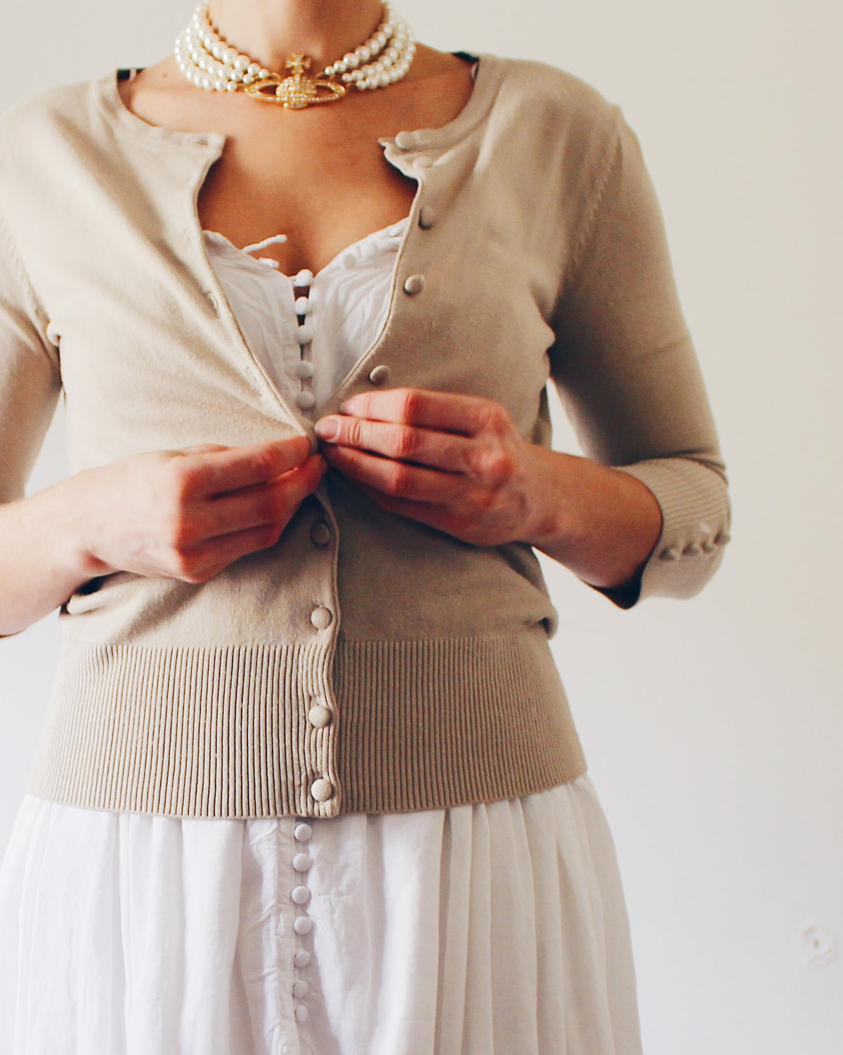 Audrey and Grace Beige Button Up Cardigan, Preppy Minimalist Academic Style, Neutral Layering Piece, Dark Academia