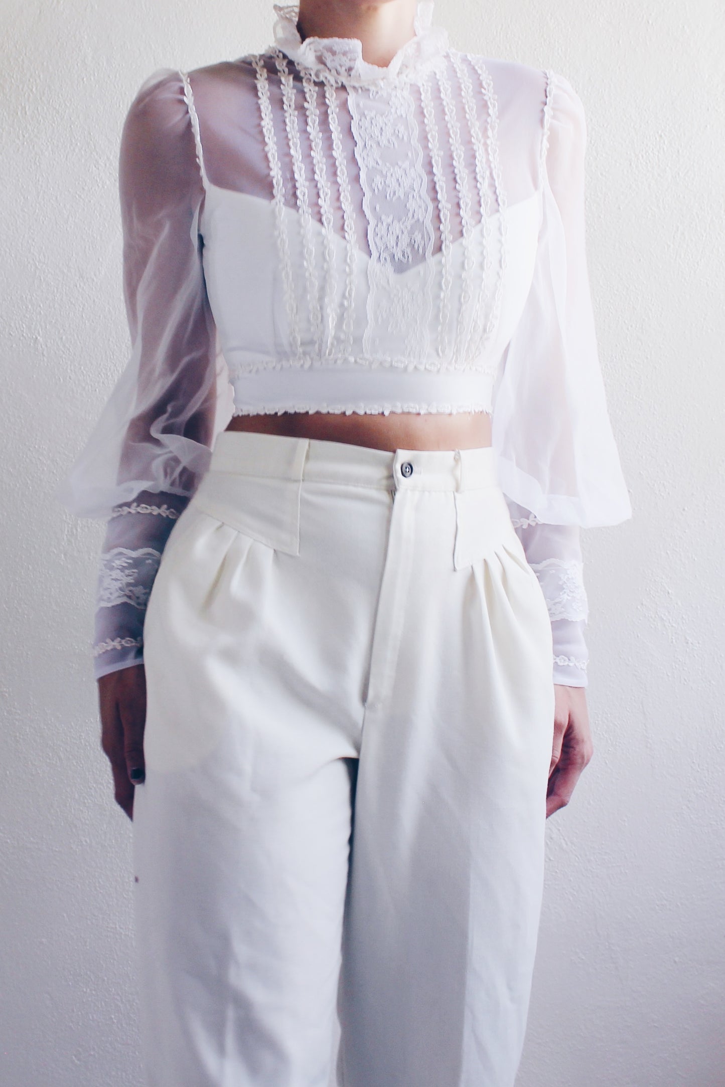 White cottagecore blouse / reworked lace up puff sleeve crop top/ Victorian high Collar Lace shirt