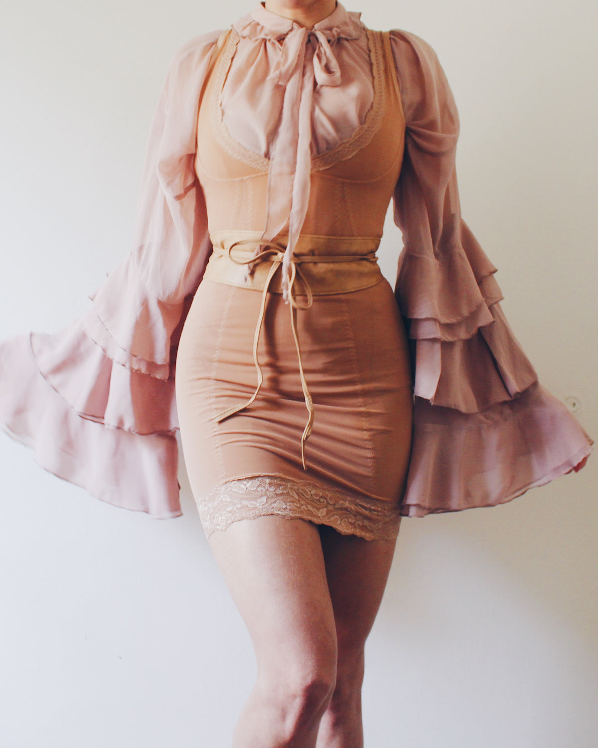 Tan Nude Shapewear Slip Dress with Lace Lined Bottom and Bust, Victorian Soft Goth Layering Slip, Wear Over a Blouse