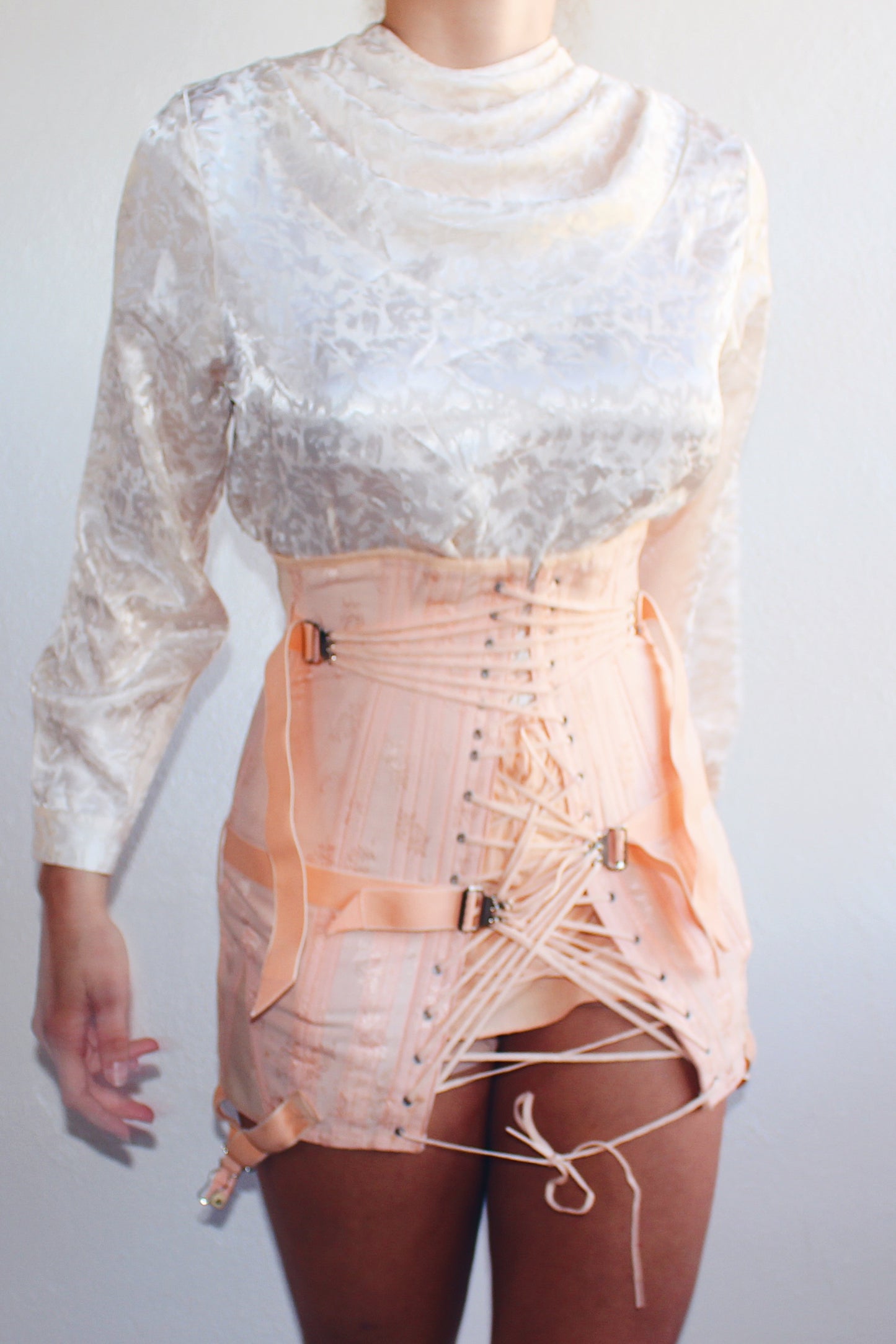 Victorian Grunge: Cream Satin Cowl Neck 80s Blouse with Romantic Coquette Style