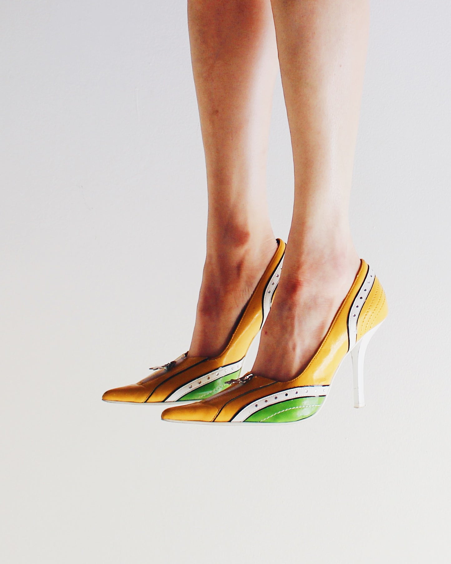 Vintage Y2K Yellow Green Stiletto Heels | Rhinestones & Mock Zipper | Sporty Statement Pointed Toe Pumps