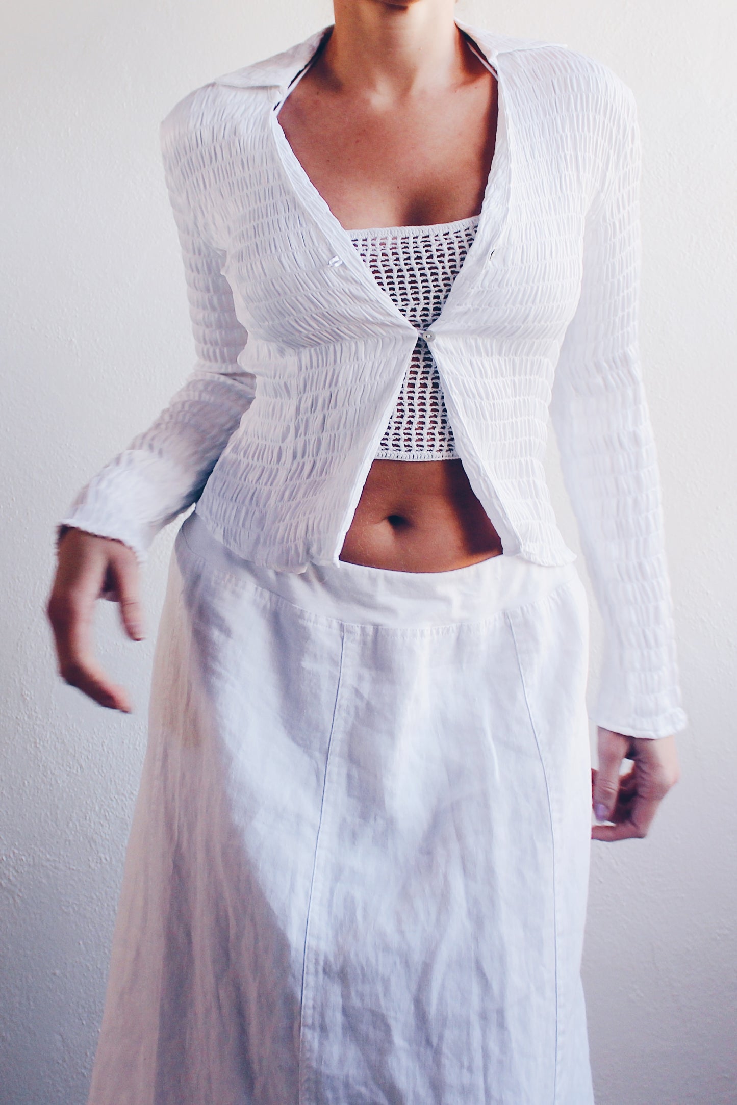 White Textured Collared Beach Blouse - Boho Mermaidcore Summer