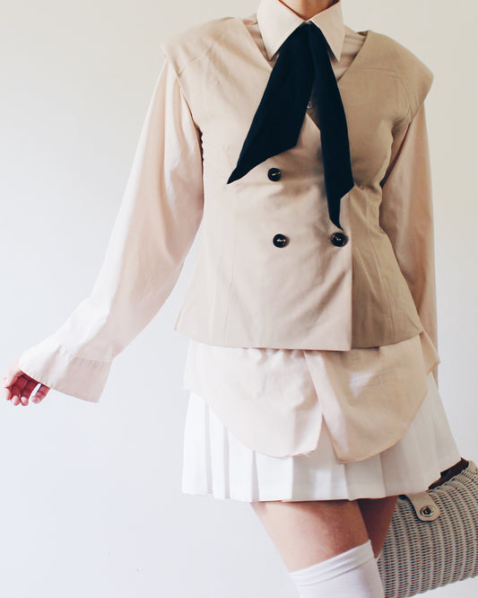 La Lavon Beige Tan Sleeveless Layering Blazer, Double Breasted Buttons, Light Shoulder Pads, Business Casual Coquette Style