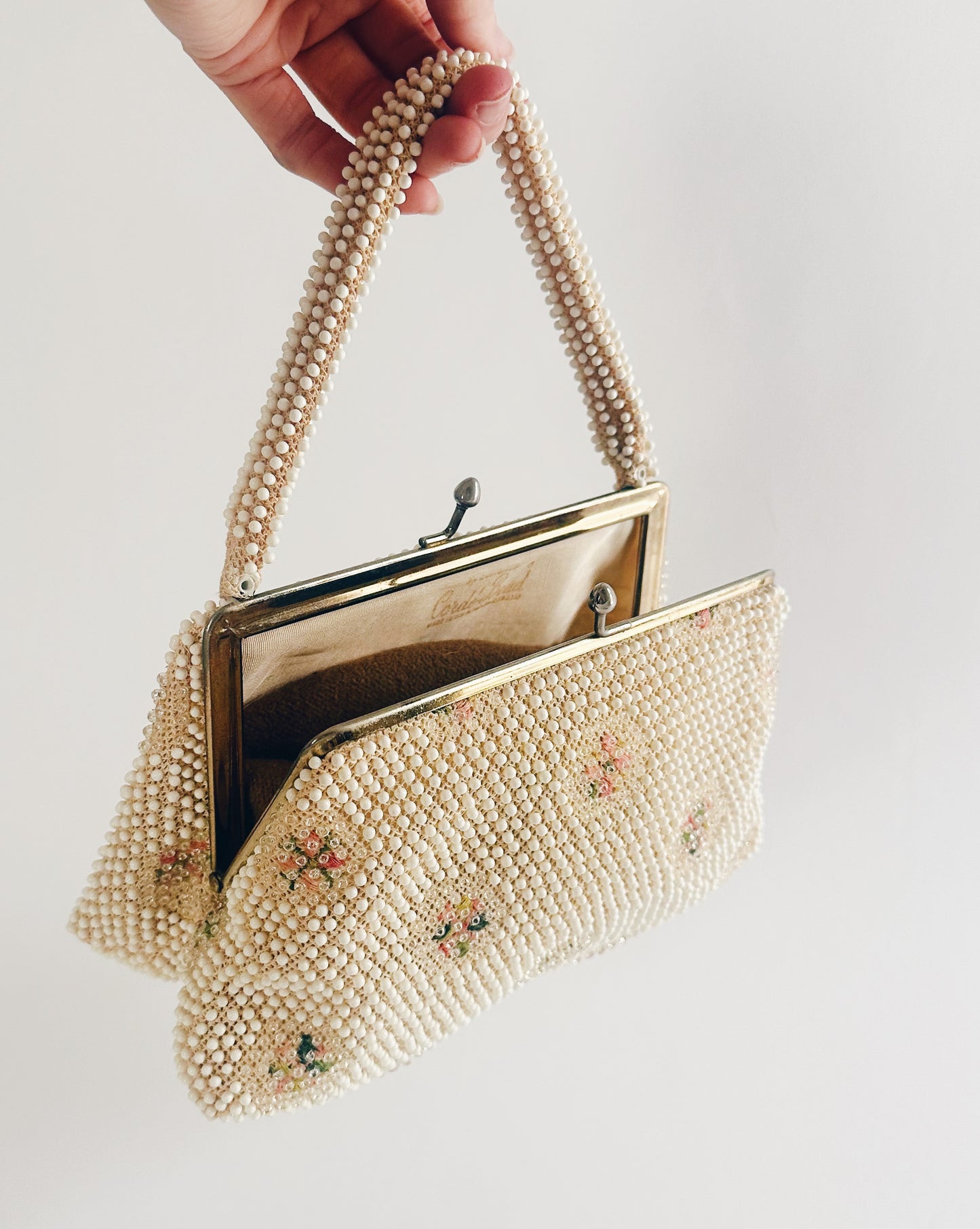 Vintage 1950s Floral Beaded Purse – Delicate Evening Clutch by Code Bead