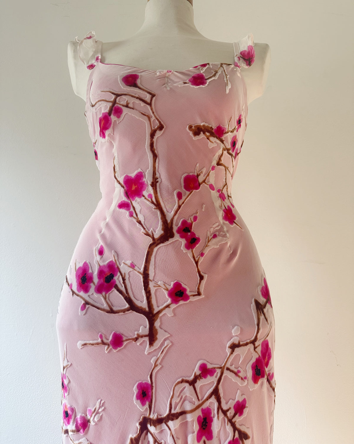 Vintage 90s Monsoon Velvet Burnout Cherry Blossom Slip Dress, Bias Cut Silk Viscose, Magenta Lining, Rare Y2K Dream Dress