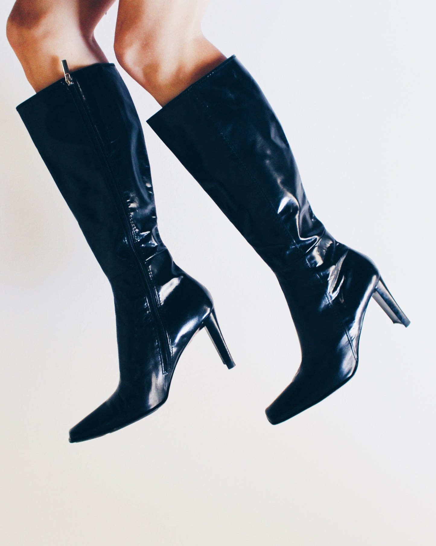 y2k Square Toe: Vintage Black Leather Nine West-Heeled Boots - Calf-Length Librarian Chic Shoes