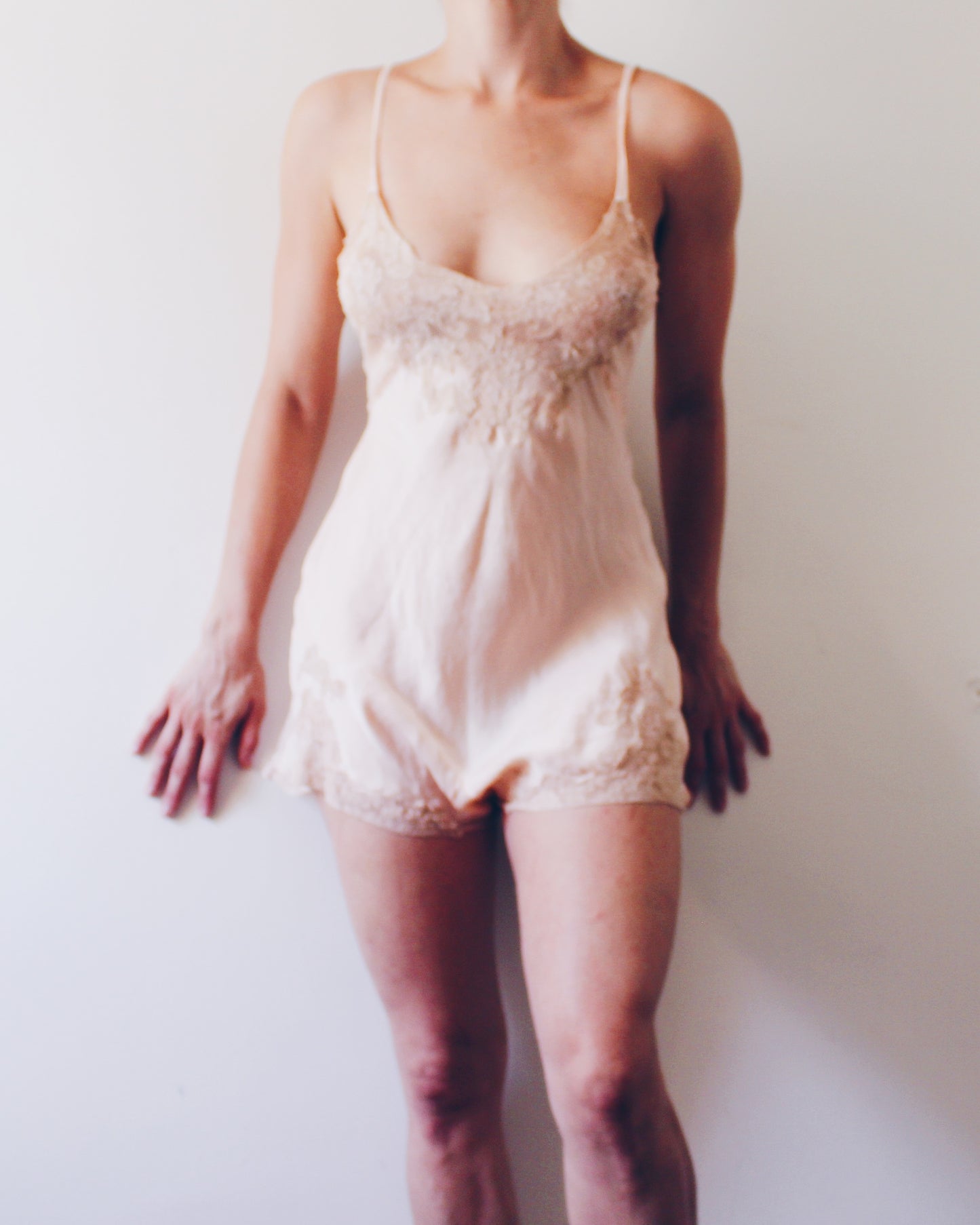 1930s Antique Silk Lingerie Romper | Vintage Lace Teddy Camiknickers | Peach Pink Soft Goth Boudoir Wear | Art Deco Silk Underwear Size S