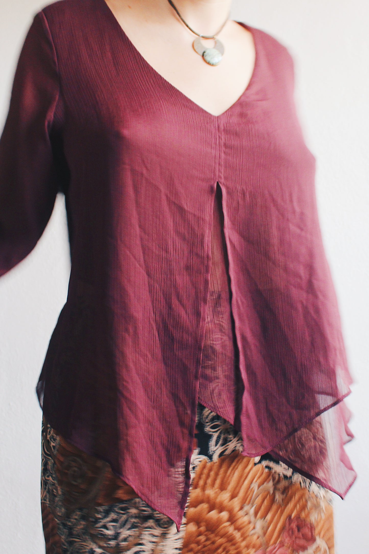 Enchanting Witch Vibes: Burgundy Sheer Asymmetric Top | Eco-Upcycled Fashion