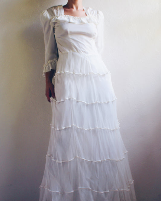 Vintage Handmade Heirloom Wedding Gown – Ethereal Sheer Tiered Dress | Delicate Haunting Bridal Style