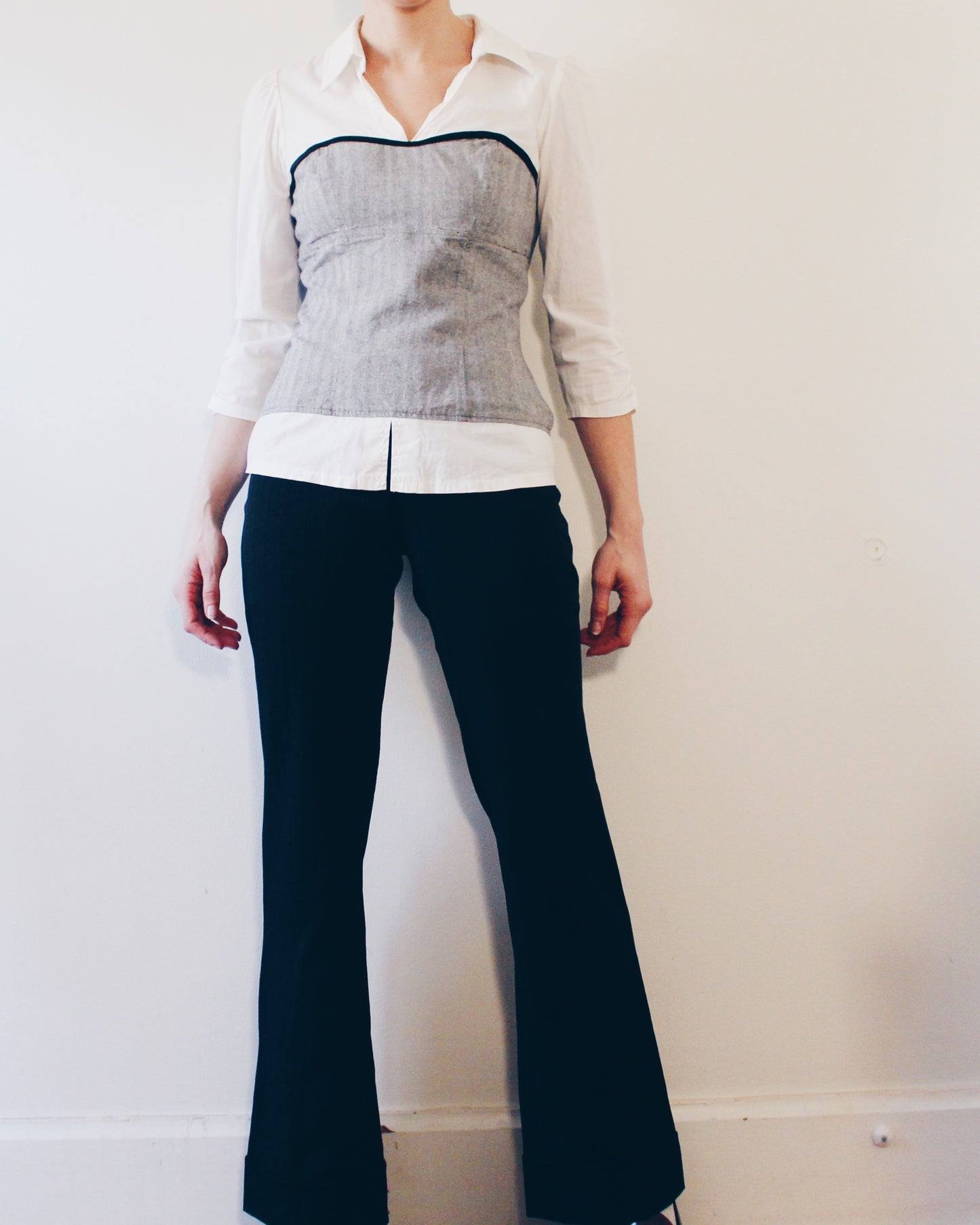 Y2K Office Siren Layered Illusion Blouse | 2000s White Collared Shirt with Grey Tube Overlay | Fitted Stretch Cotton Corporate Chic Top