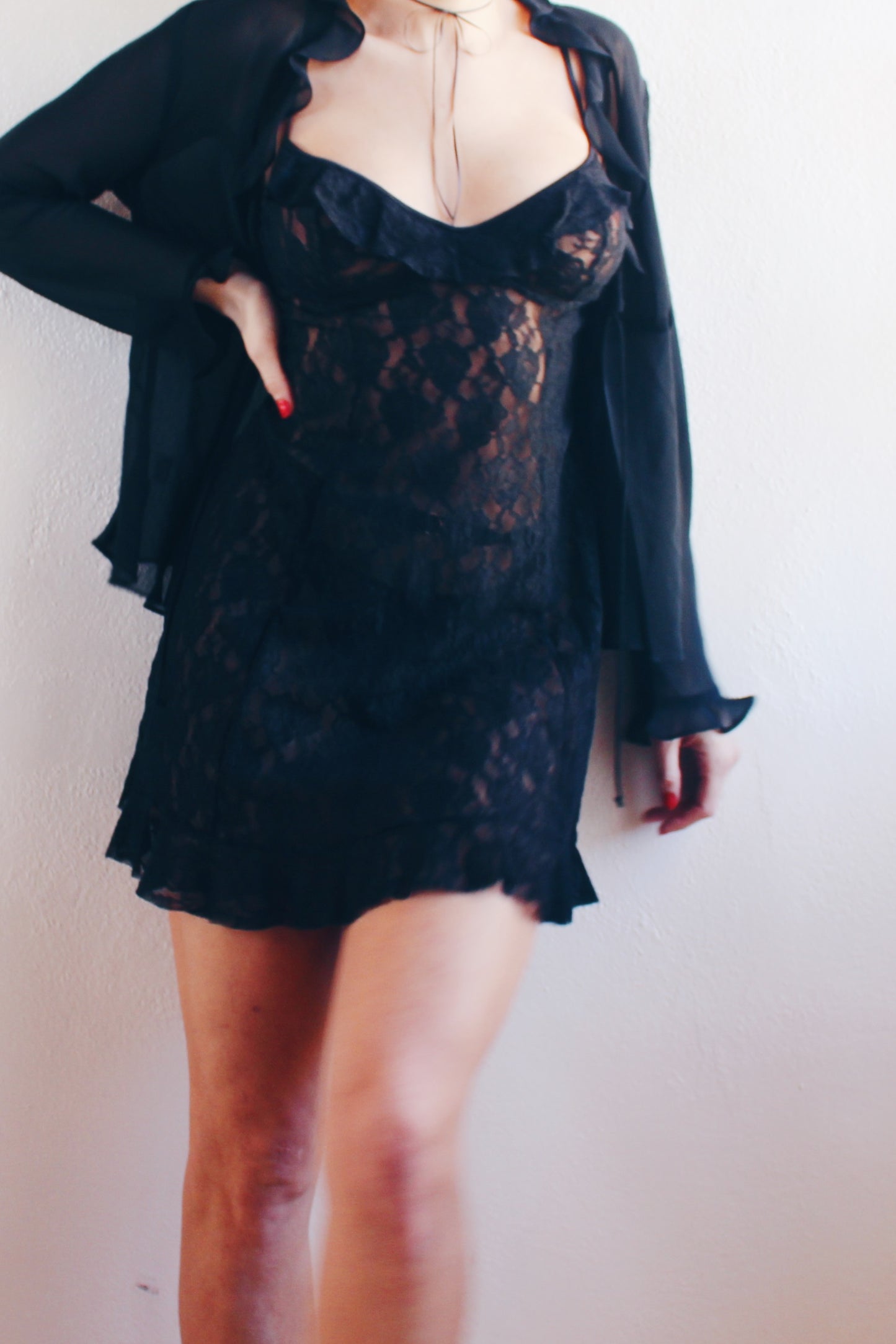 Seductive Black Lace Sheer Mini Dress with Ruffled Bust | Coquette Romantic Style