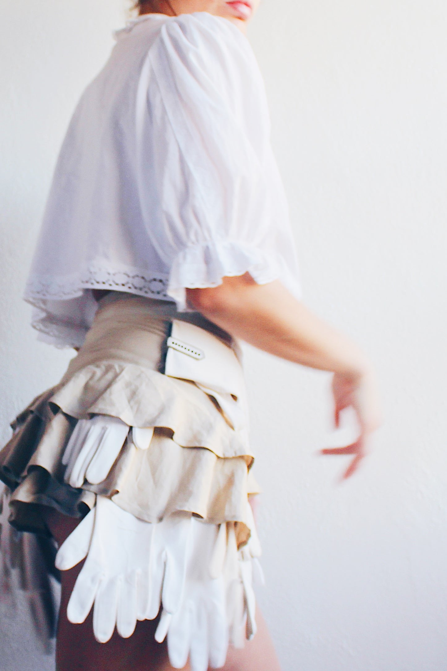 Prairie Whimsy Revived: Upcycled Cropped Cotton Blouse with Eyelet Ruffles and Lace