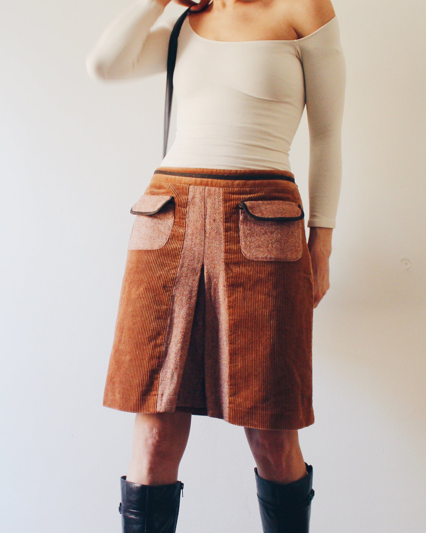Vintage Corduroy and Wool Pocket Skirt – Low Waist 70s Style Midi in Earth Tones