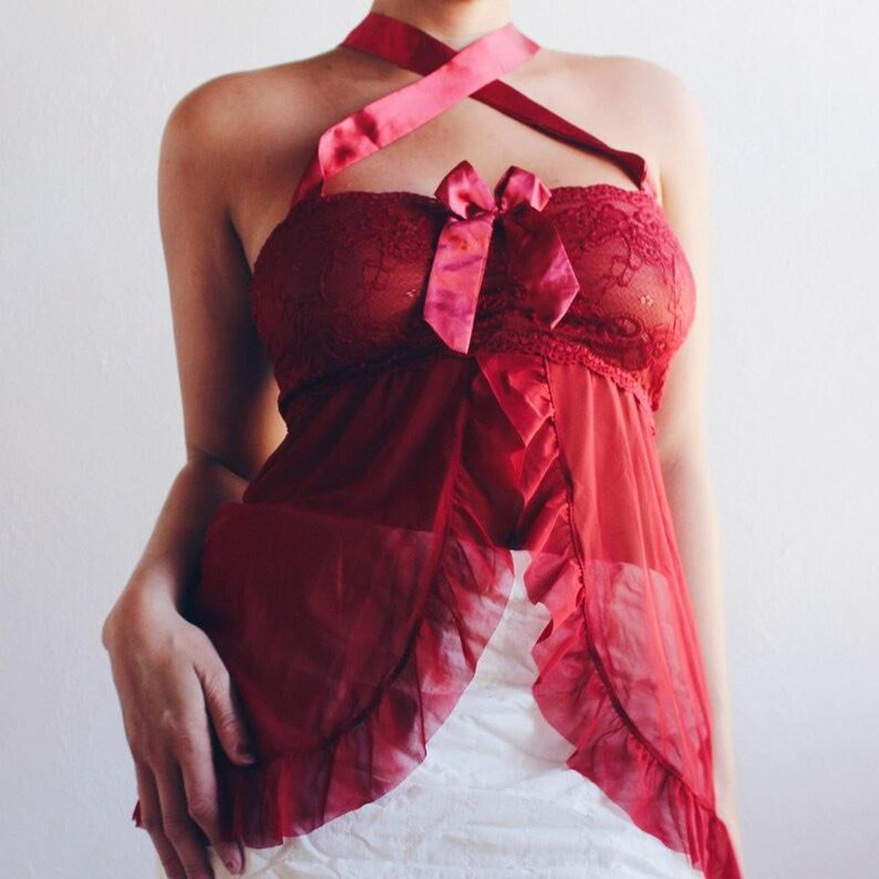 Seductive Red Elegance: Lace and Ruffle Babydoll Camisole - Coquette Romance for Valentine's