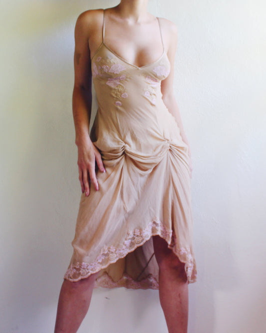 Rare Y2K Victoria’s Secret Silk Slip Dress | Sheer Nude with Pink Lace Roses | Brittany Murphy Uptown Girls | Coquette 2000s Lingerie