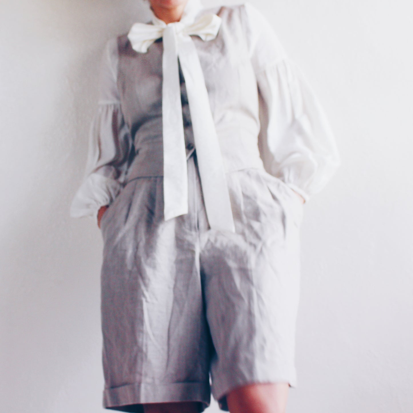 Vintage Beige Linen Pleated Shorts and Vest Set - Academic 90s Minimalism