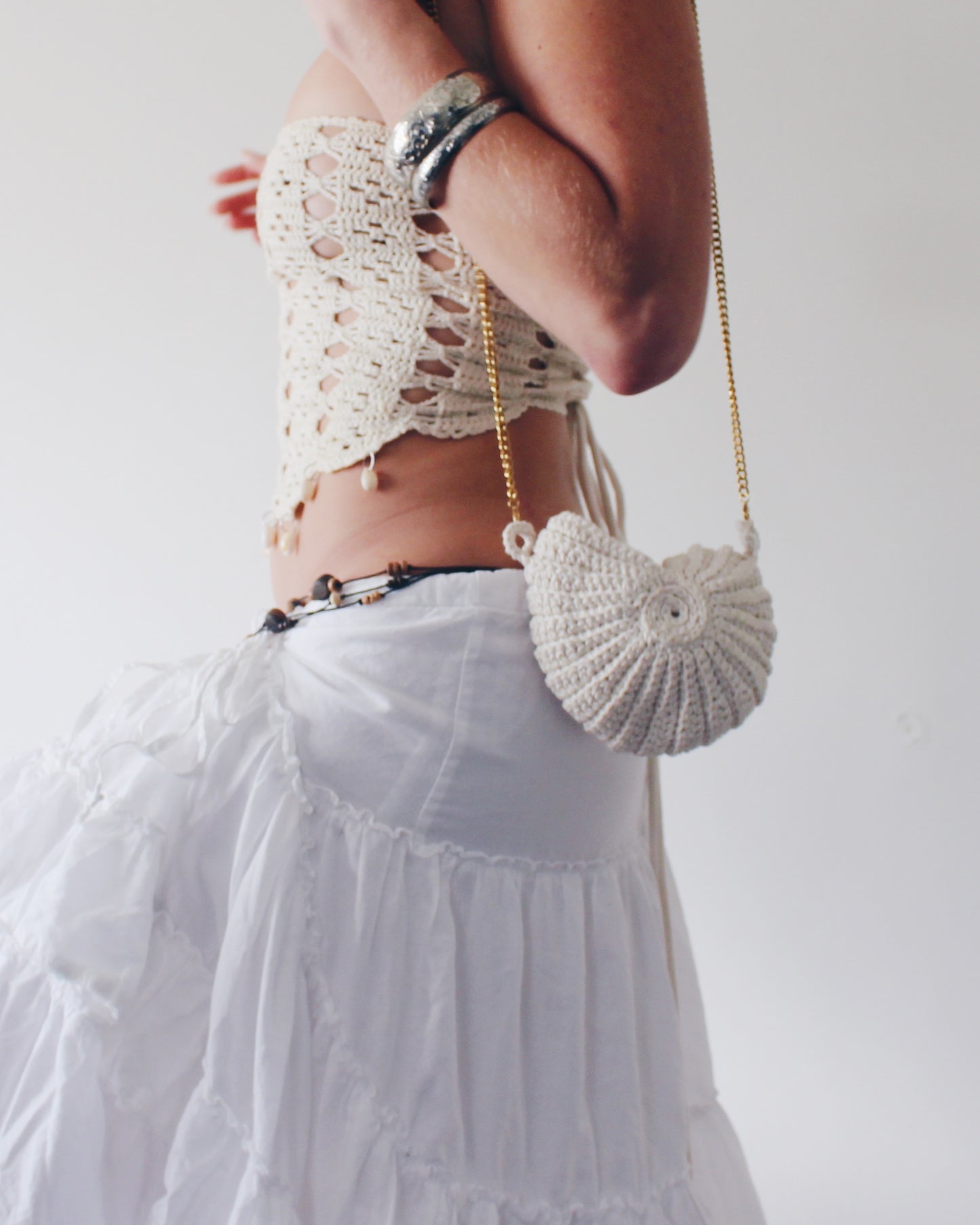 Handmade Crochet Doily Top with Cowrie Shells – Upcycled Boho Beach Sleeveless Crop, Mermaidcore Layering Piece