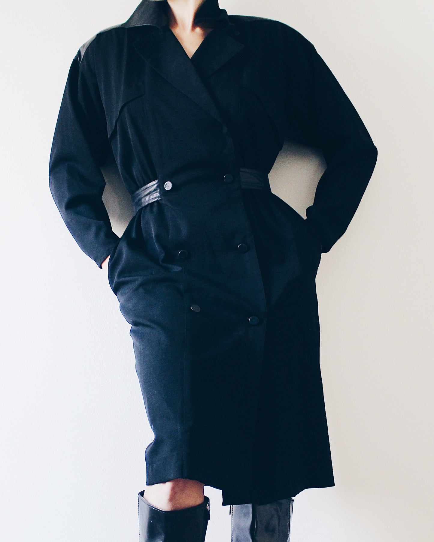 Vintage Rickie Freeman for Terijon Black Wool Trench Coat – 90s Leather Patch & Tie Waist, Minimalist Outerwear