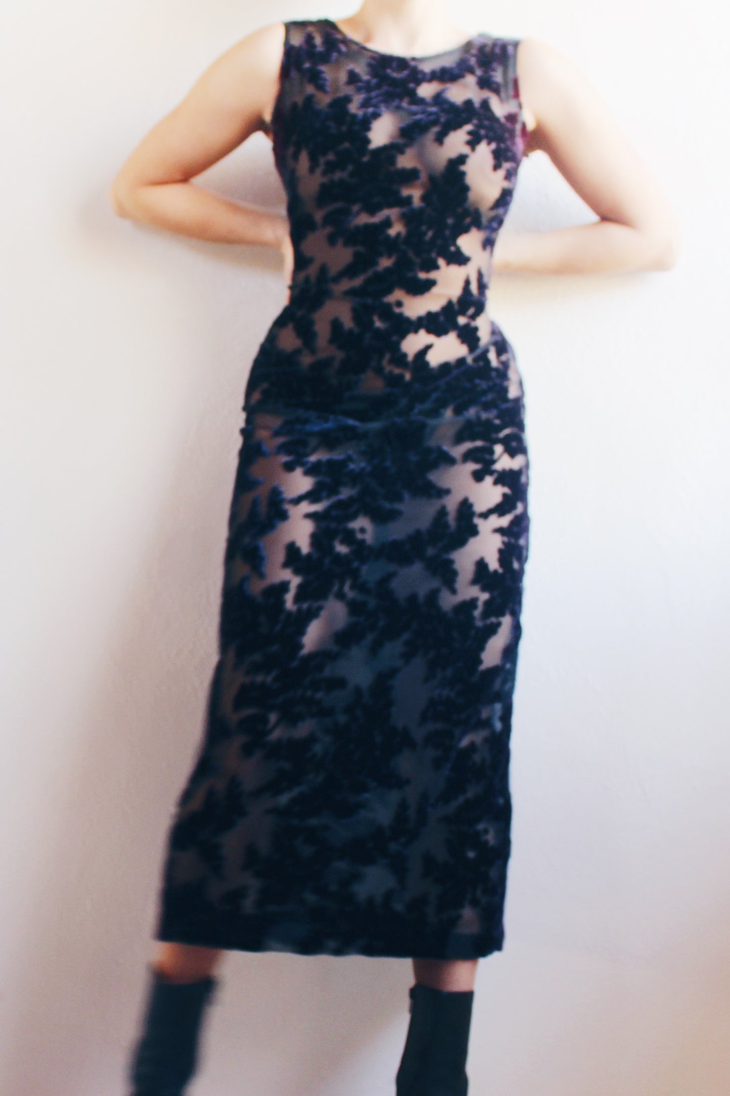 Gothic Elegance: Upcycled Sheer Long Dress with Dark Navy Velvet Florals for Burnout Bliss