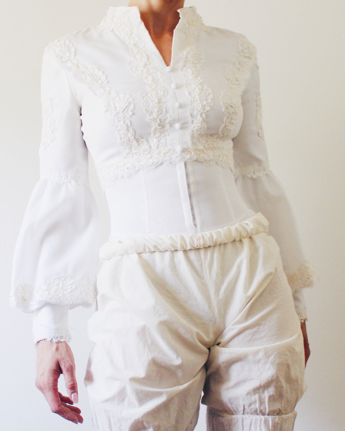 Upcycled Cropped Wedding Top, Lace Up Soft Goth Long Sleeve Blouse, Victorian Pirate Style Bell Sleeves, Made from Vintage Wedding Dress