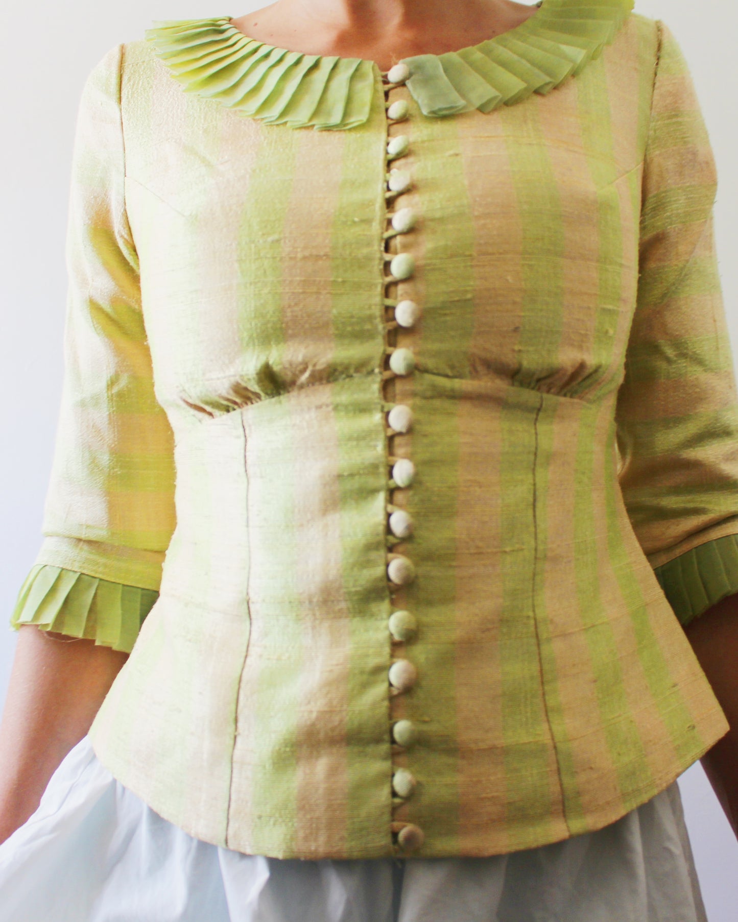 Handmade Green Striped Blouse Medium | Circuscore Empire Waist Pleated Ruffle Top | Whimsigoth Quirky Fairycore Button Up 3/4 Sleeve