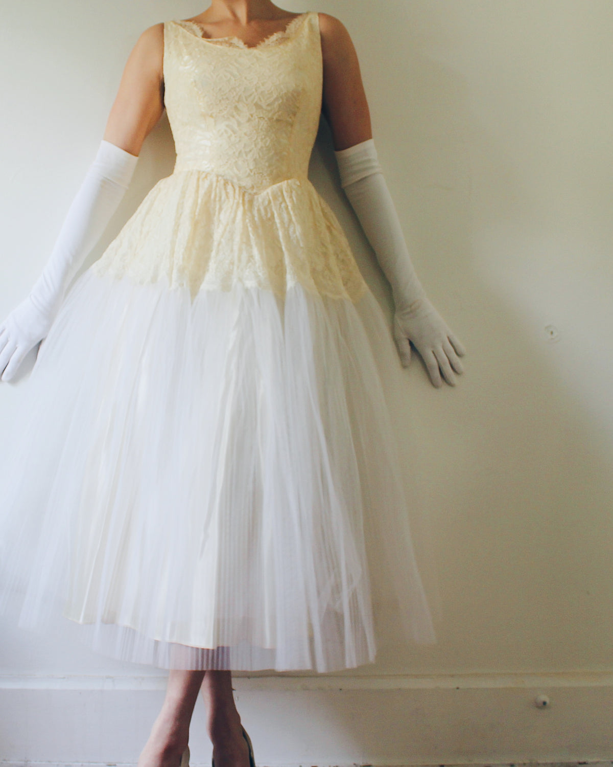 Vintage Ethereal Coquette Lace Midi Wedding Dress, Sleeveless Drop Waist, Cream Lace Bodice, Flared Micro Pleated Mesh Skirt