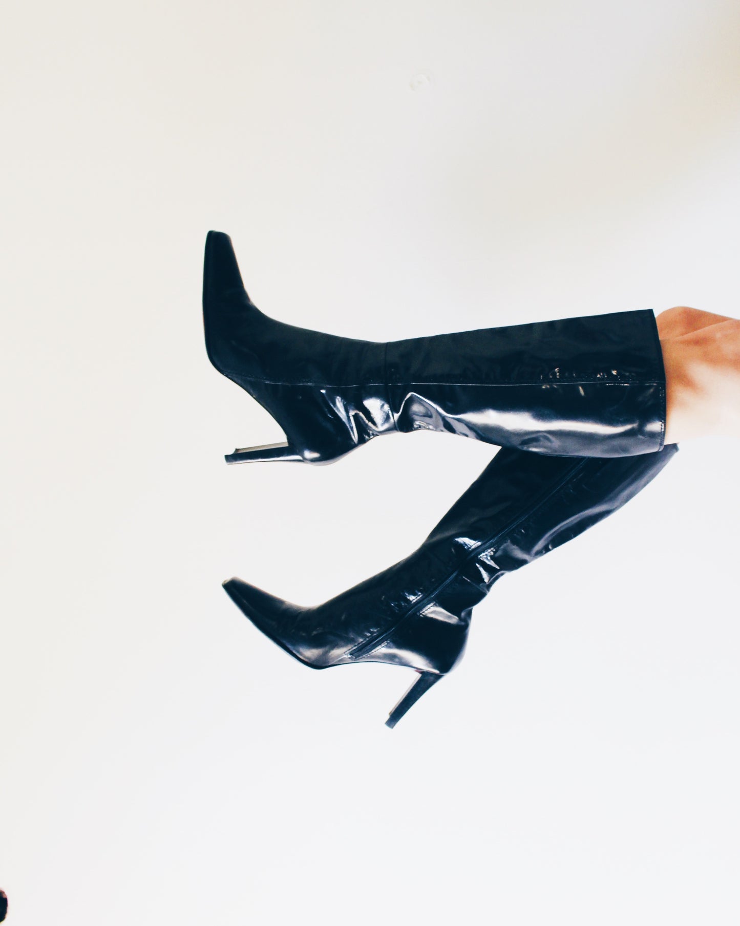 y2k Square Toe: Vintage Black Leather Nine West-Heeled Boots - Calf-Length Librarian Chic Shoes