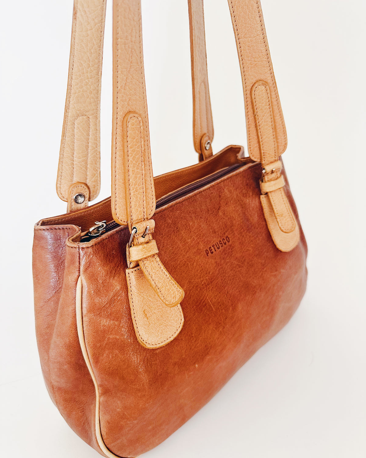 Vintage 90s Petsuco Tan Brown Leather Purse, Wabi Sabi Aged Leather Patina, Classic Retro Handbag, Earthy Neutral Everyday Bag