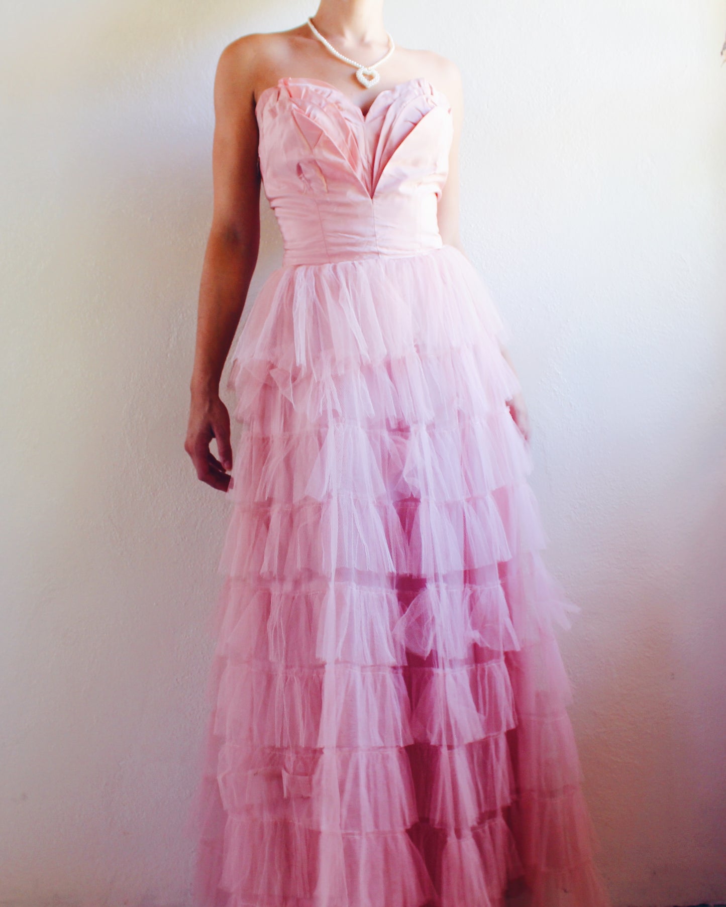Vintage 1960s Coquette Pink Tiered Tulle Gown – Strapless Bombshell Prom Dress | Ultra-Girlie Princess Statement Piece