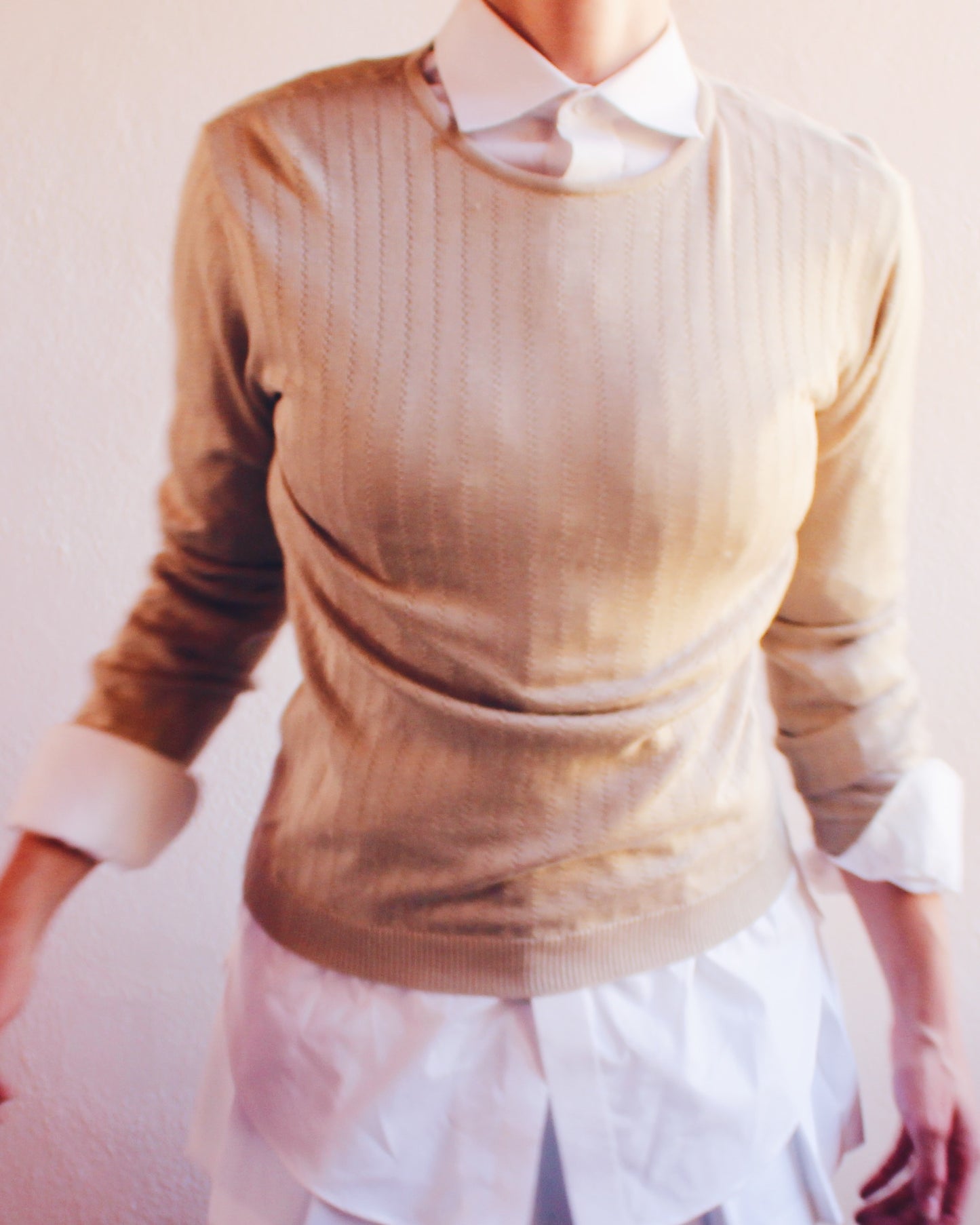 Vintage Silk Talbots Beige Knit Sweater – Minimalist Academic Style Layering Top