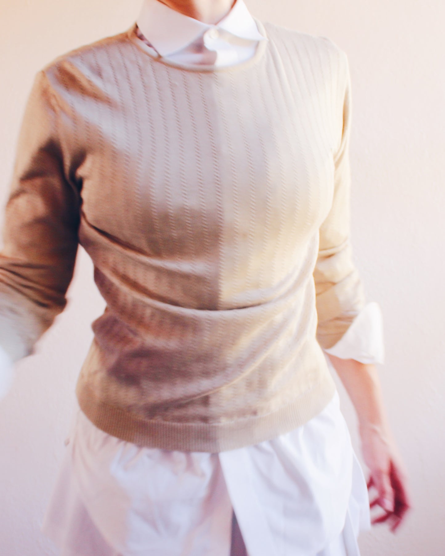 Vintage Silk Talbots Beige Knit Sweater – Minimalist Academic Style Layering Top