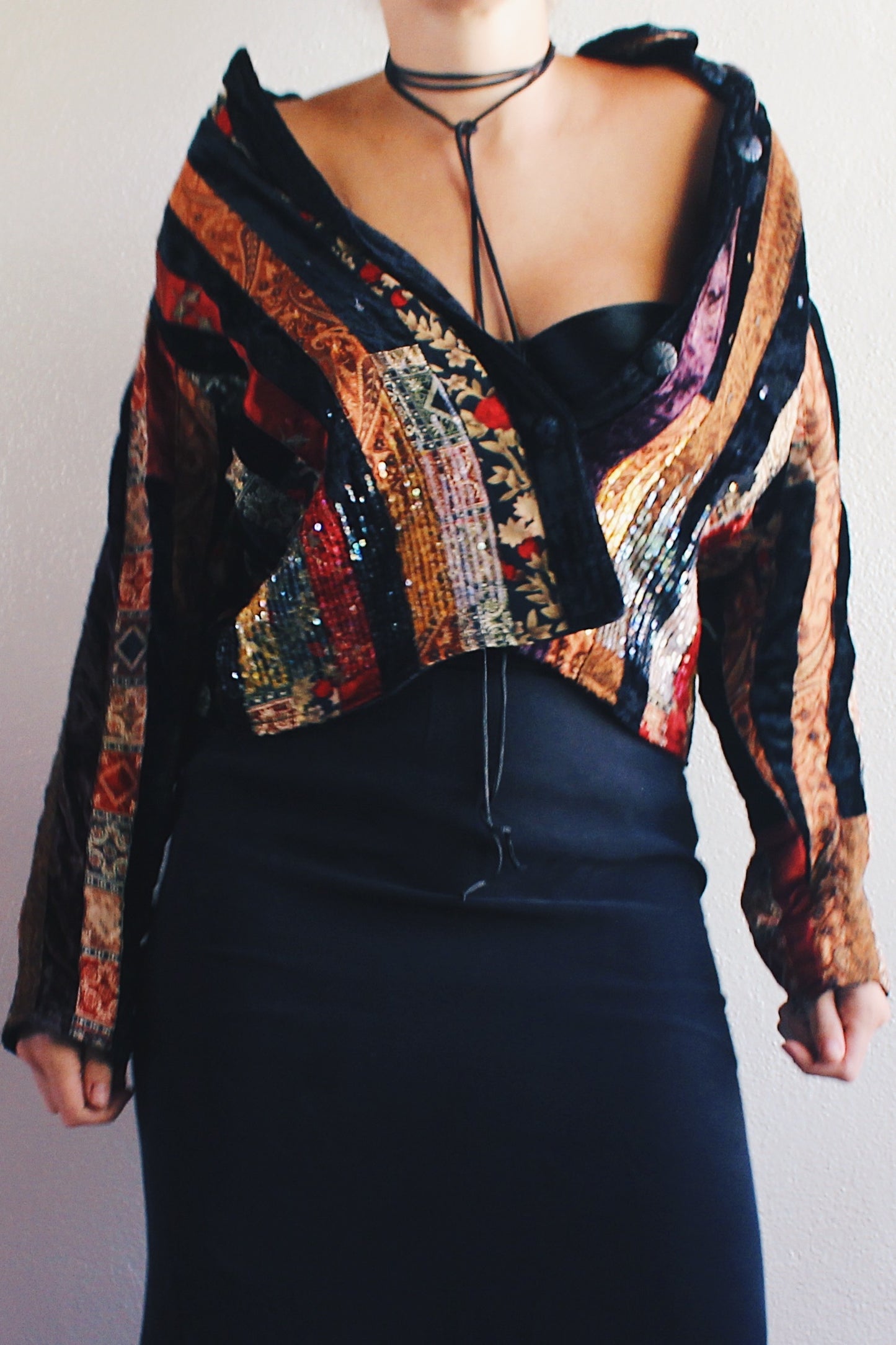 Vintage Black Velvet Patchwork Jacket - 90s Grunge WhimsyGoth Style