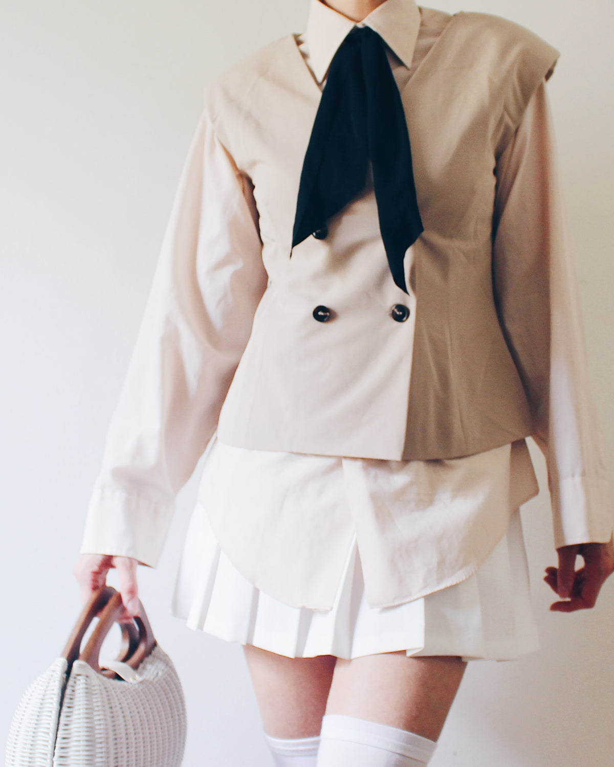 La Lavon Beige Tan Sleeveless Layering Blazer, Double Breasted Buttons, Light Shoulder Pads, Business Casual Coquette Style