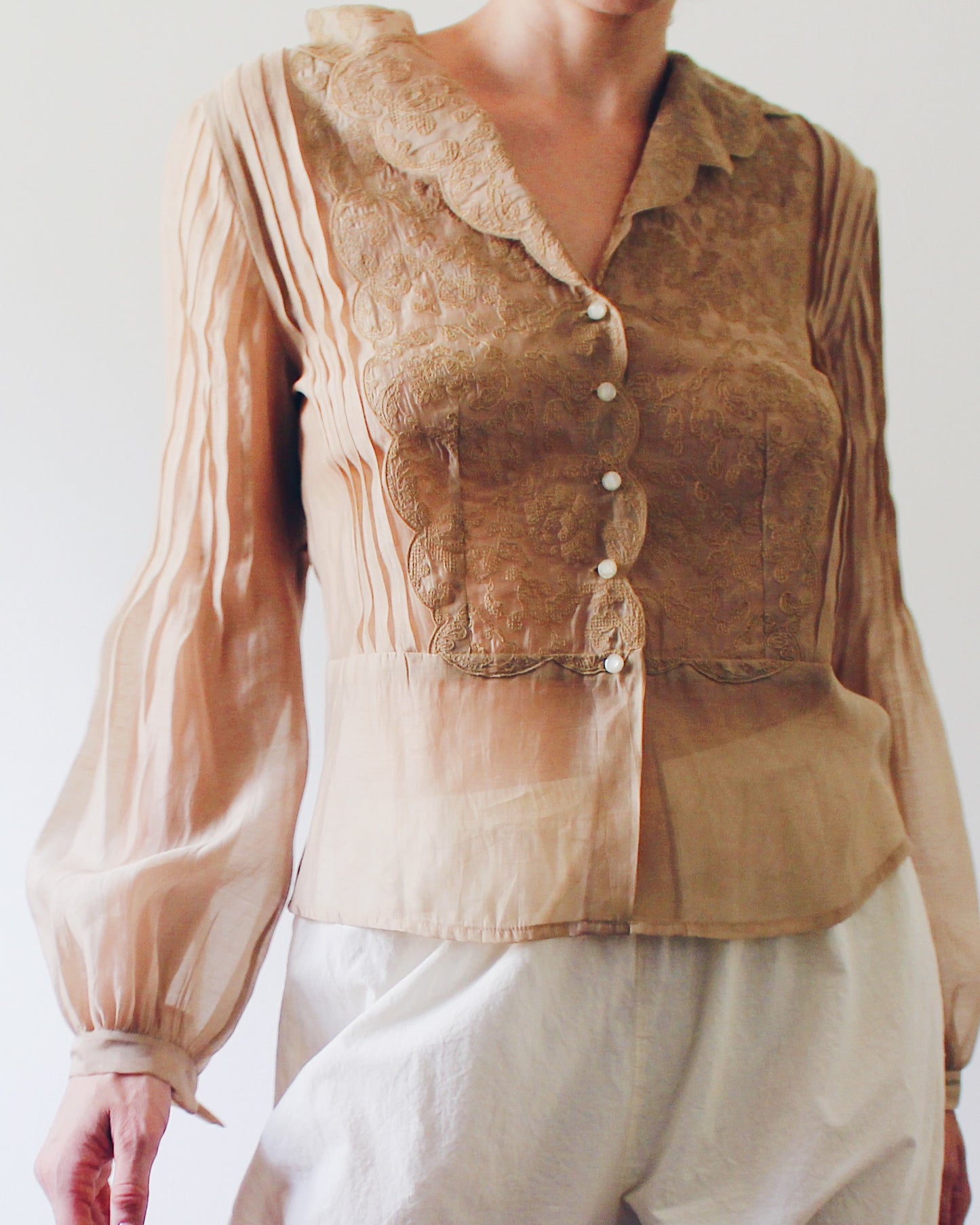 NIC+ZOE Tan Sheer Blouse Medium | Embroidered Floral Victorian Soft Goth Top | Micropleat Sleeve Scalloped Hem Button Up