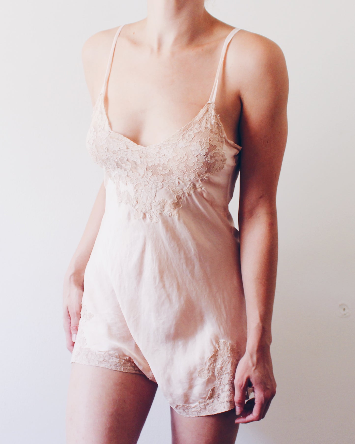1930s Antique Silk Lingerie Romper | Vintage Lace Teddy Camiknickers | Peach Pink Soft Goth Boudoir Wear | Art Deco Silk Underwear Size S