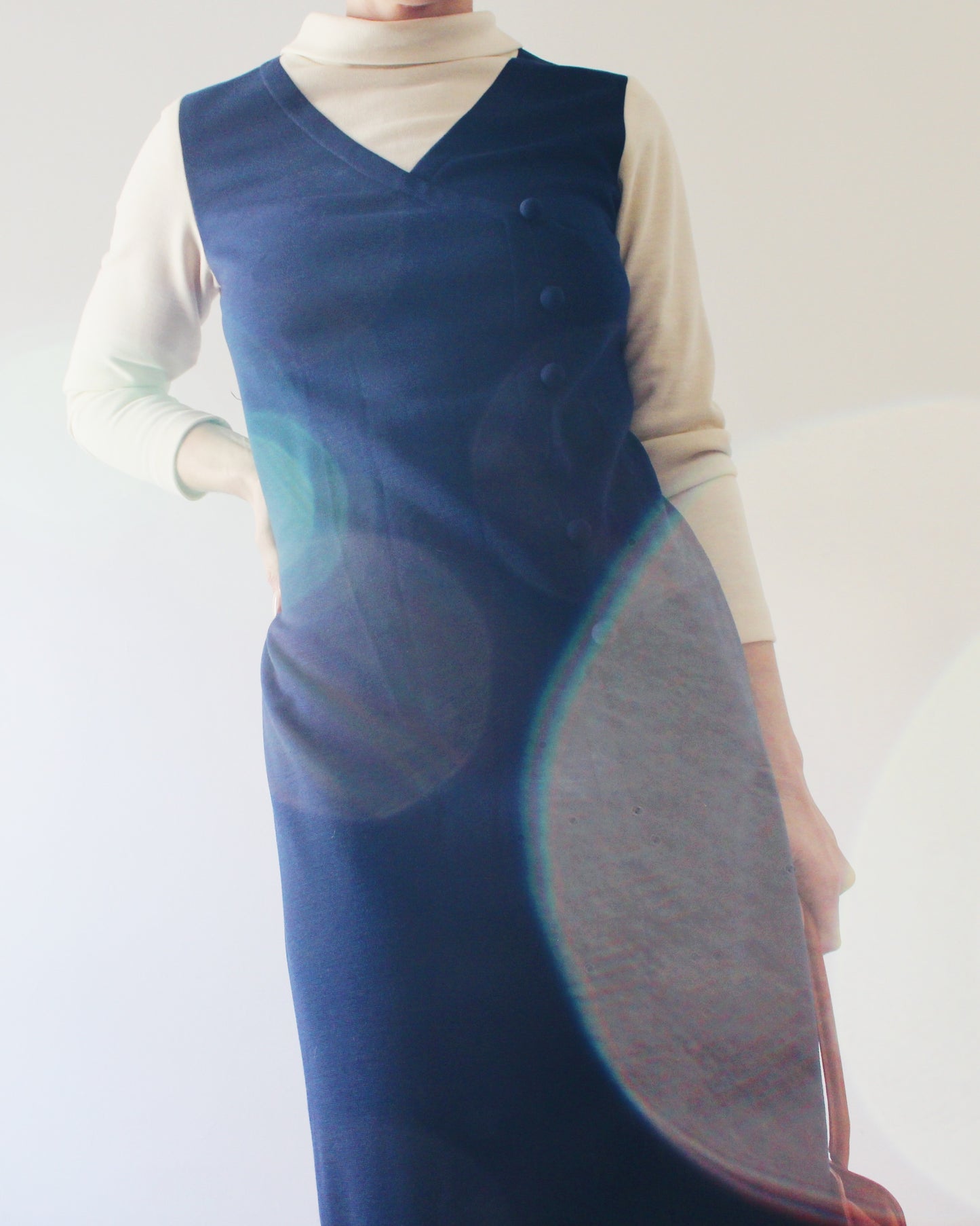 Vintage 1970s Navy & Ivory Pinafore Dress – Mod Knit Minimalist Academic Style