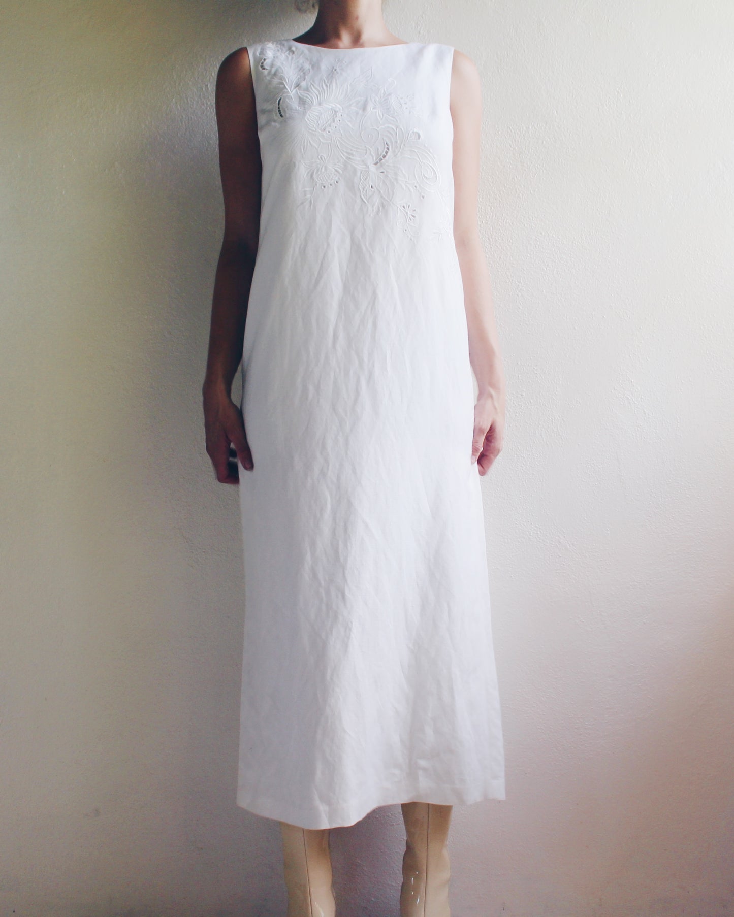 Minimalist White Linen Rayon Blend Shift Dress - Embroidered Bust & Adjustable Tie | Summery Tropical Style fo Formal Events