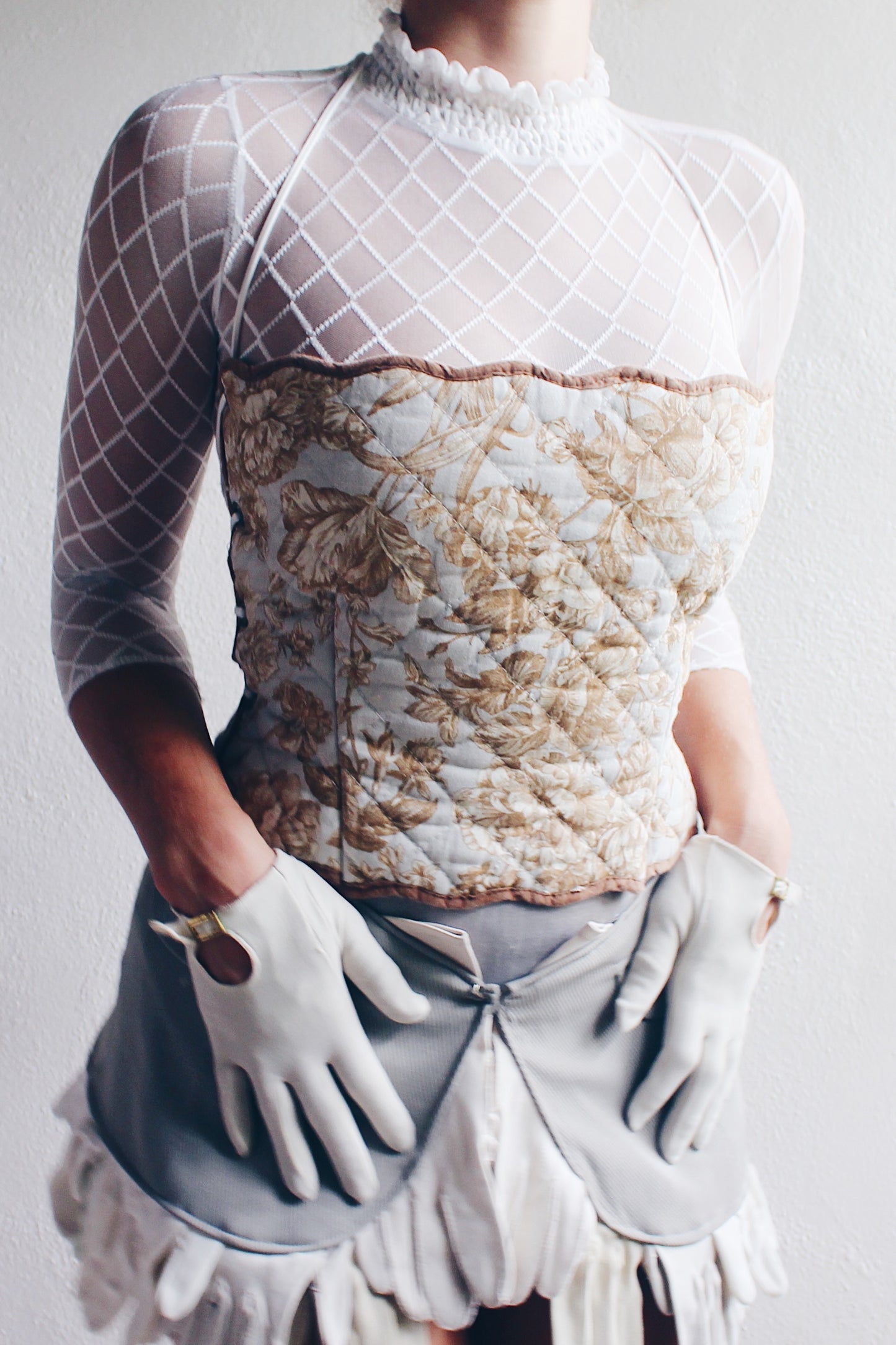 Upcycled quilted crop top / reworked vintage Placemat Tank / light blue cotton corset bib