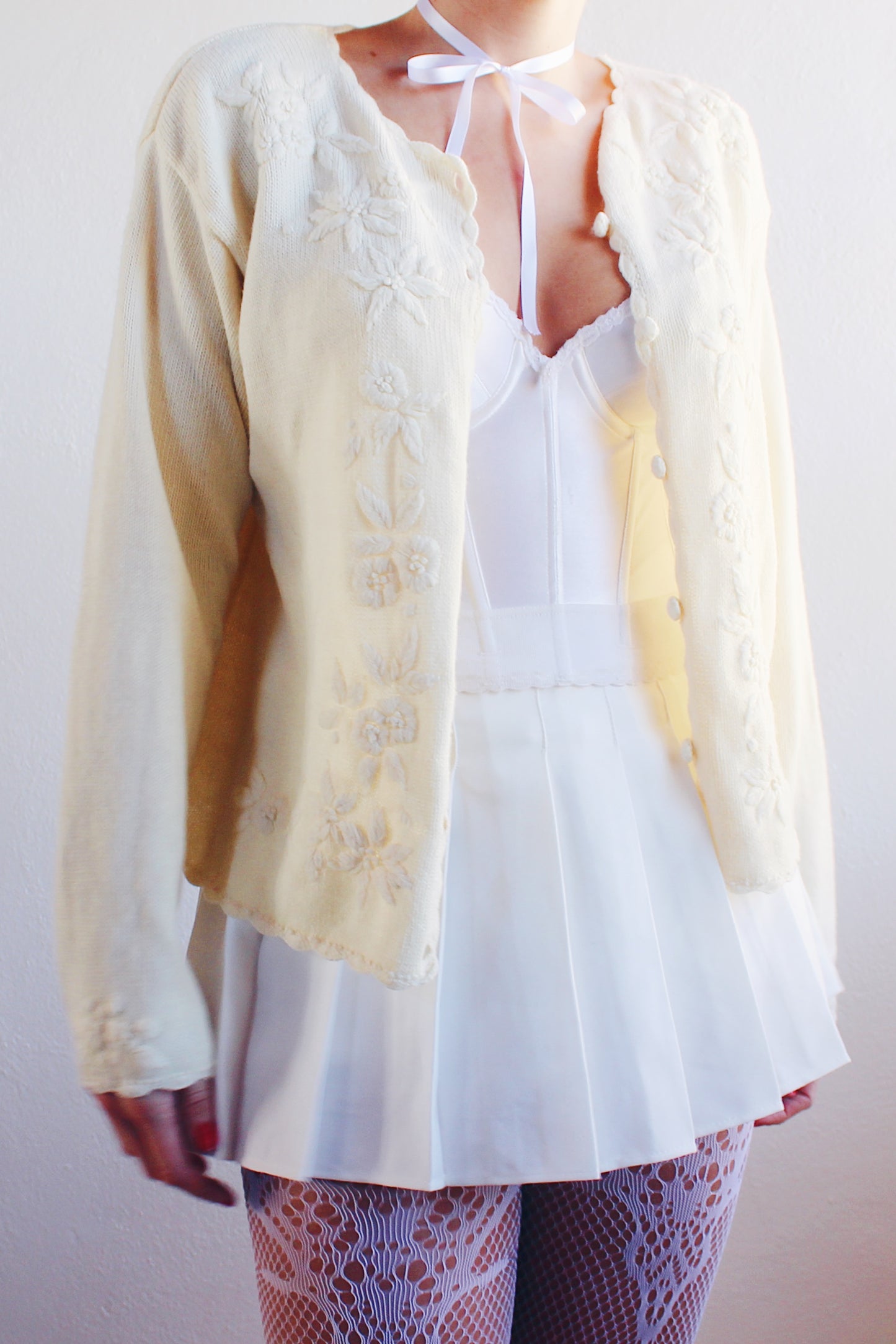 Vintage Cream Knit Floral Coquette Cardigan | 1980s Retro Flower Sweater | Cozy Kawaii Chic