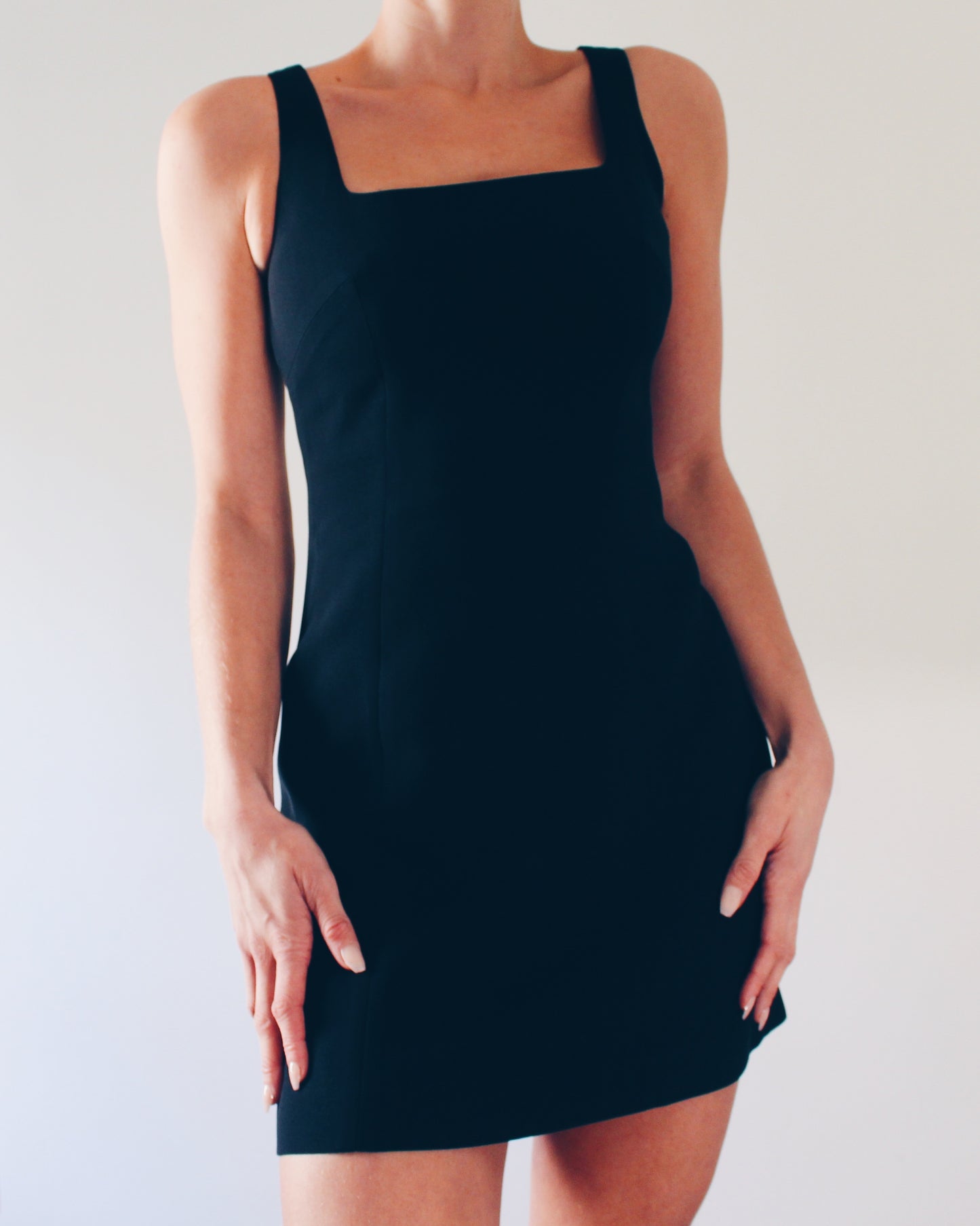 Vintage Bebe Late‑90s Black Mini Dress – Sleek Minimalist Little Black Cocktail & Office Dress