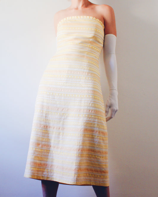 Vintage Yellow Striped Sleeveless Midi Dress | Form-Flattering Summer Picnic & Date Dress | Cottagecore Bumblebee Bee Dress KIR