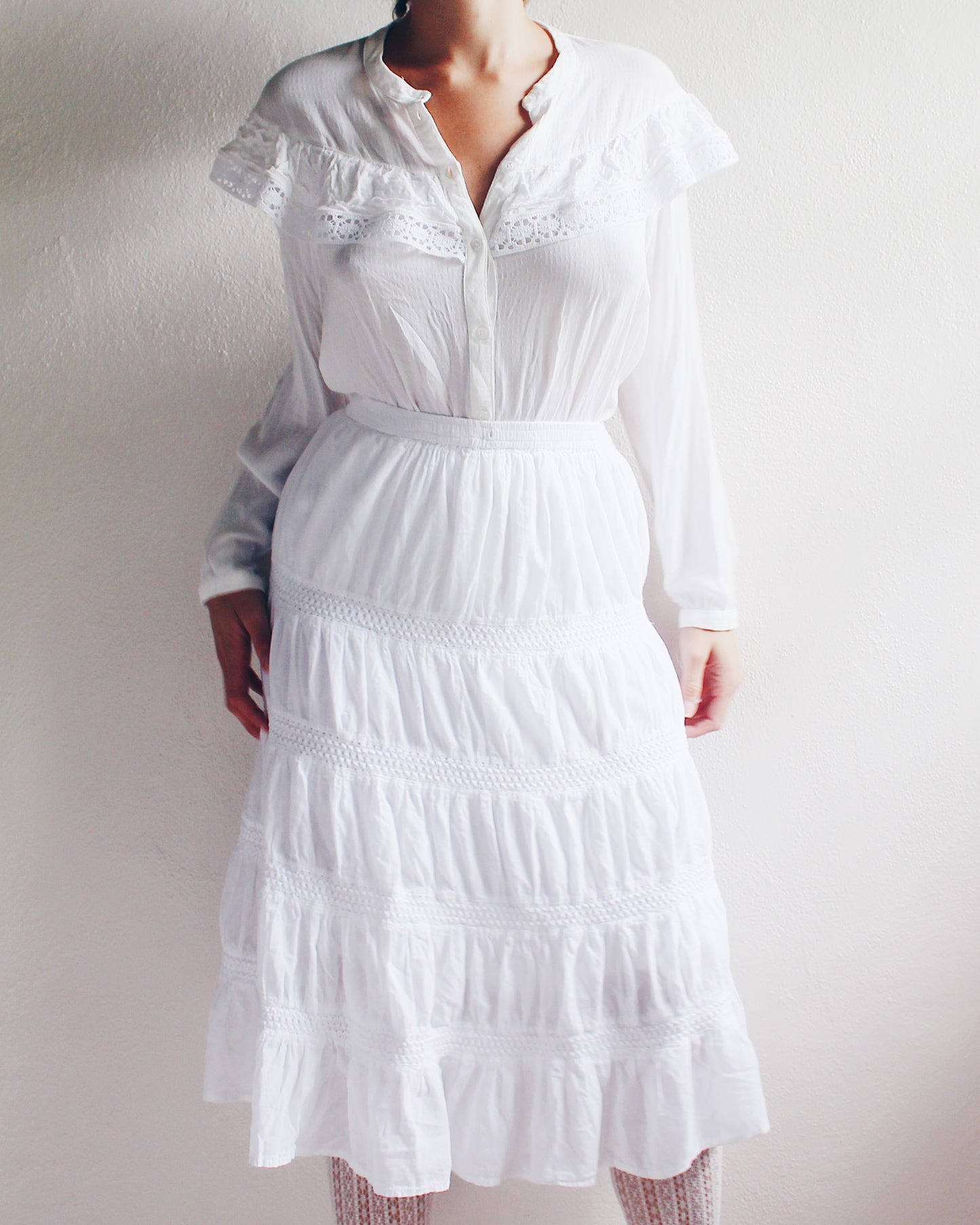 Vintage White Cotton Boho Long Panel Skirt - Countryside Hippie Style | Perfect for Summer & Fall Layering