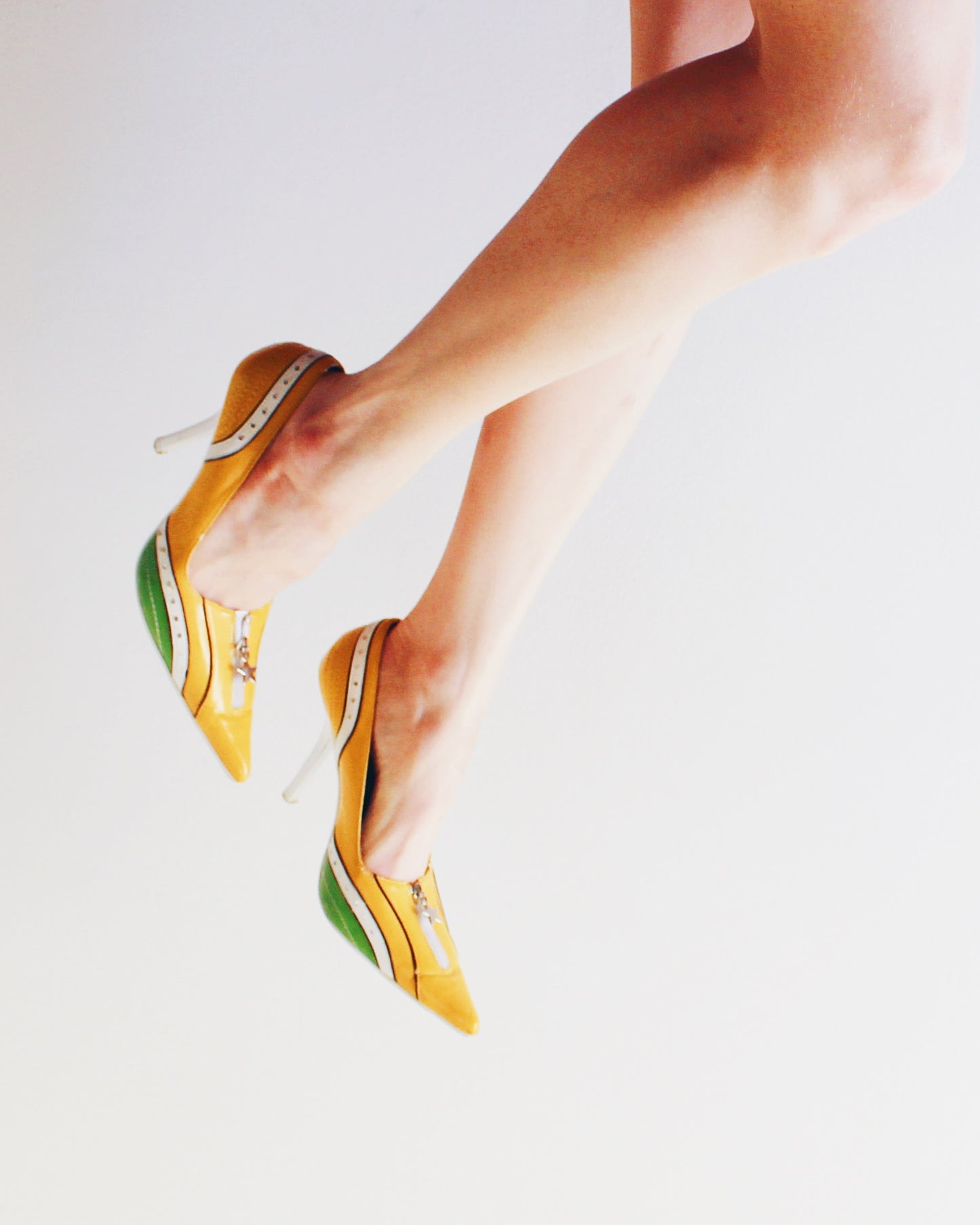 Vintage Y2K Yellow Green Stiletto Heels | Rhinestones & Mock Zipper | Sporty Statement Pointed Toe Pumps
