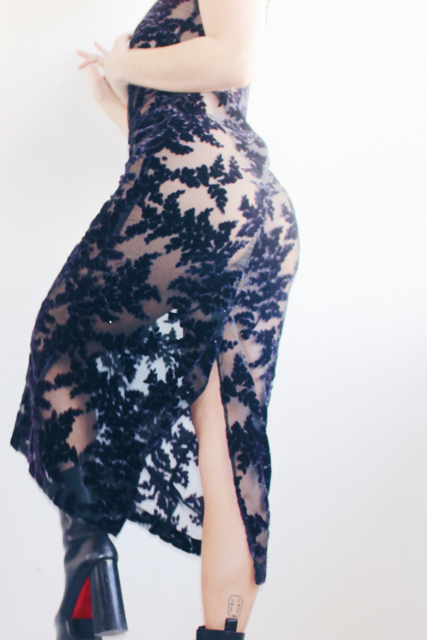 Gothic Elegance: Upcycled Sheer Long Dress with Dark Navy Velvet Florals for Burnout Bliss