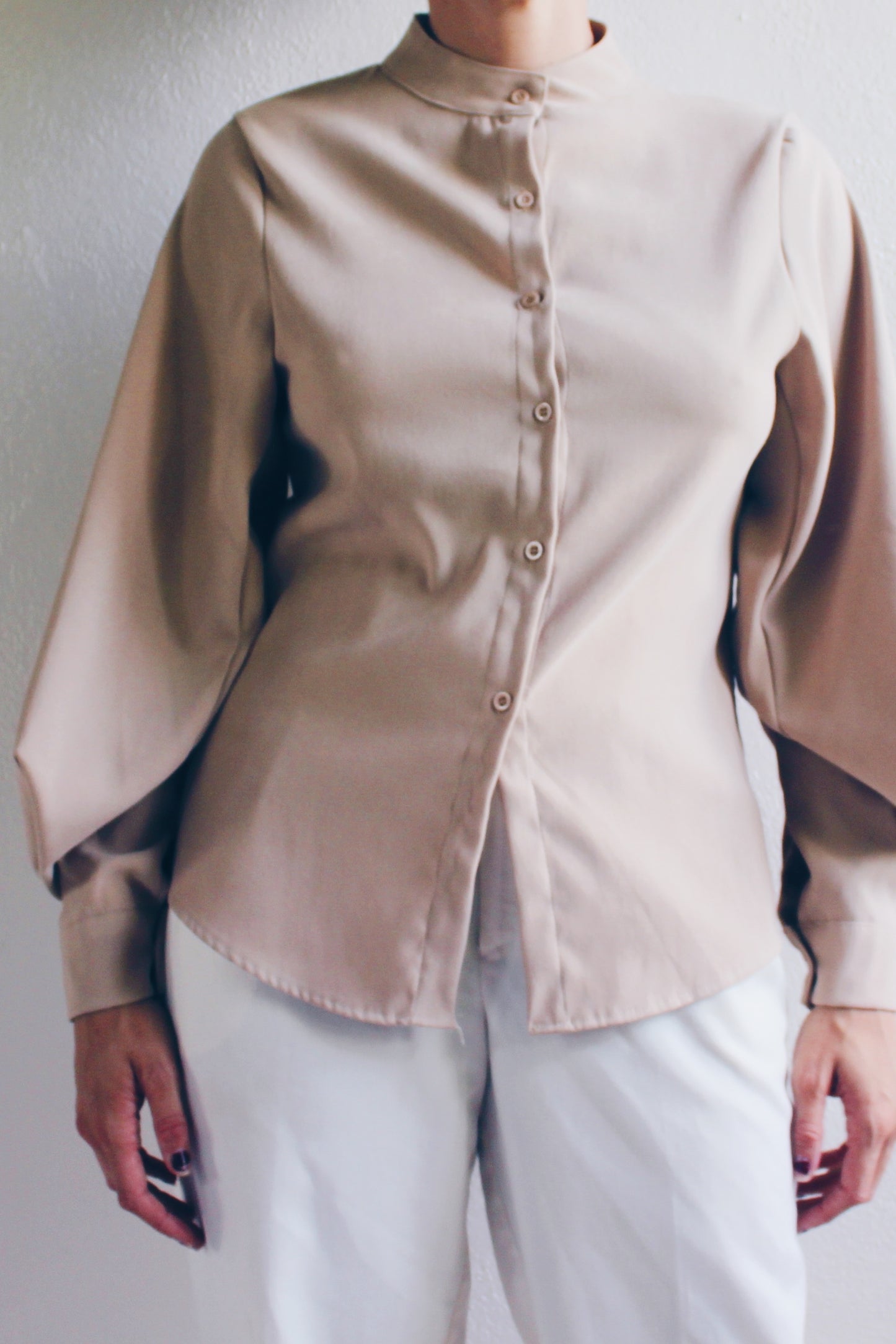 Tan Pleated Sleeve Shirt / Beige Wide Sleeve Tunic