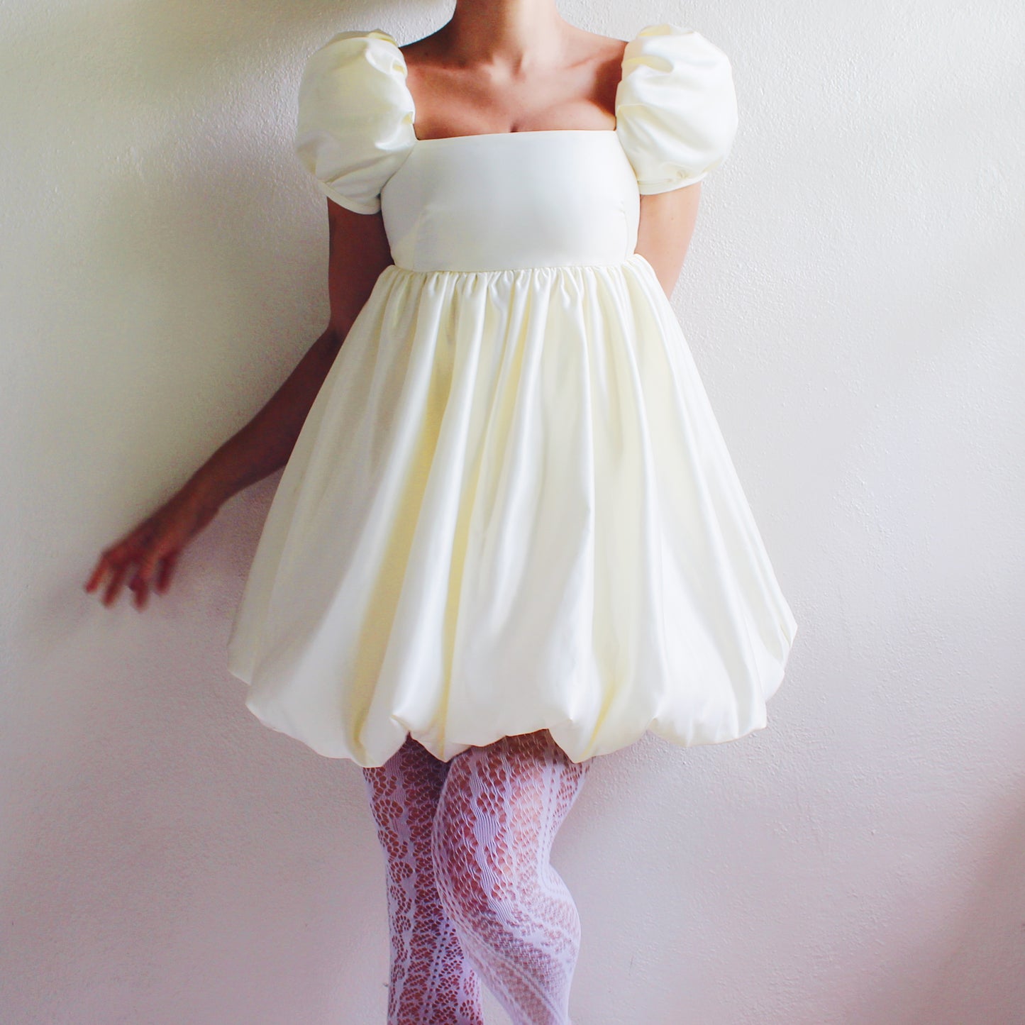 Upcycled Cream Babydoll Dress - Selkie like Cute Coquette Style with Bubble Sleeves | Perfect for Formal Events