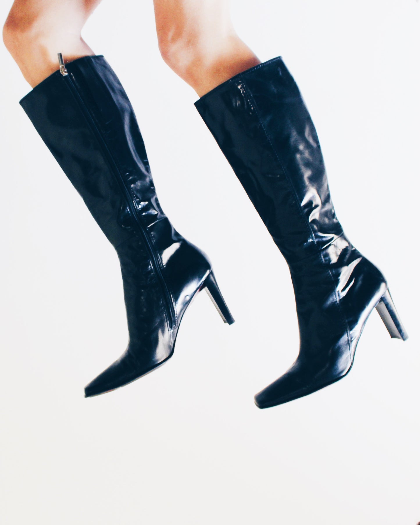 y2k Square Toe: Vintage Black Leather Nine West-Heeled Boots - Calf-Length Librarian Chic Shoes